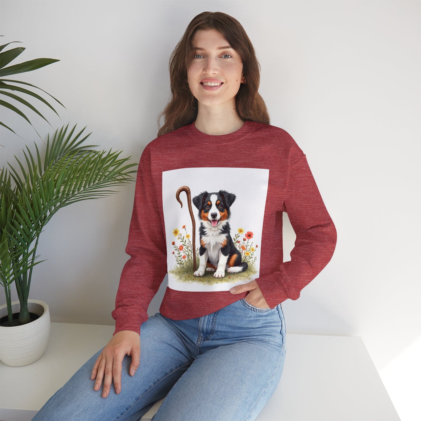 Border Collie Puppy Shepherd's Crook Crewneck Sweatshirt - Pastoral Dog Art | Farm Life Gift