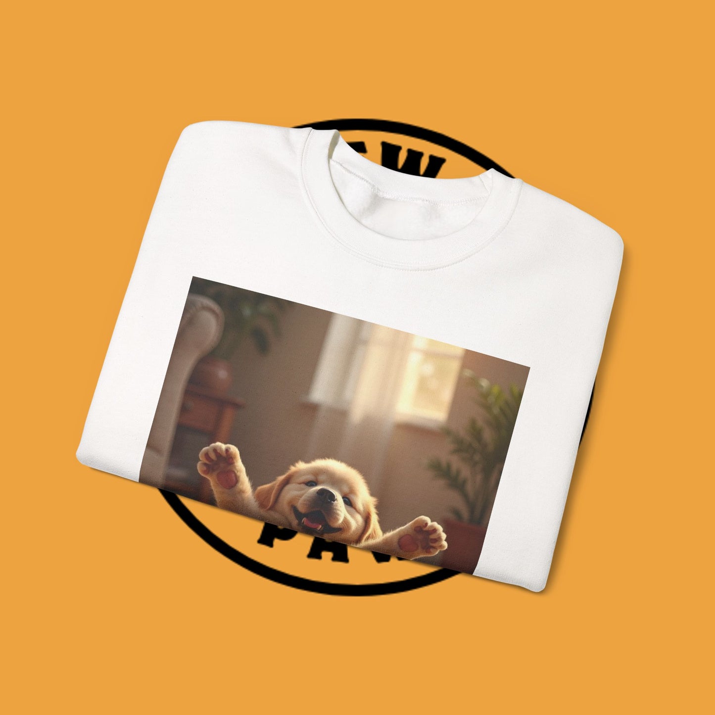 Unisex Dog Lover Crewneck Sweatshirt - Joyful Paws: Yellow Lab Puppy Stretching on Plush Carpet