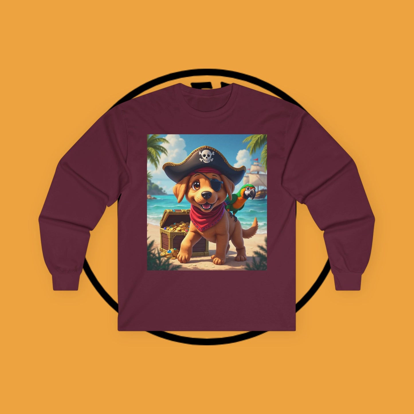 Adventurous Pirate Puppy Long Sleeve T-Shirt - Dog Design with Pirate Hat and Tropical Treasure Long Sleeve T-Shirt for Adventure Lovers π΄β οΈπ¦