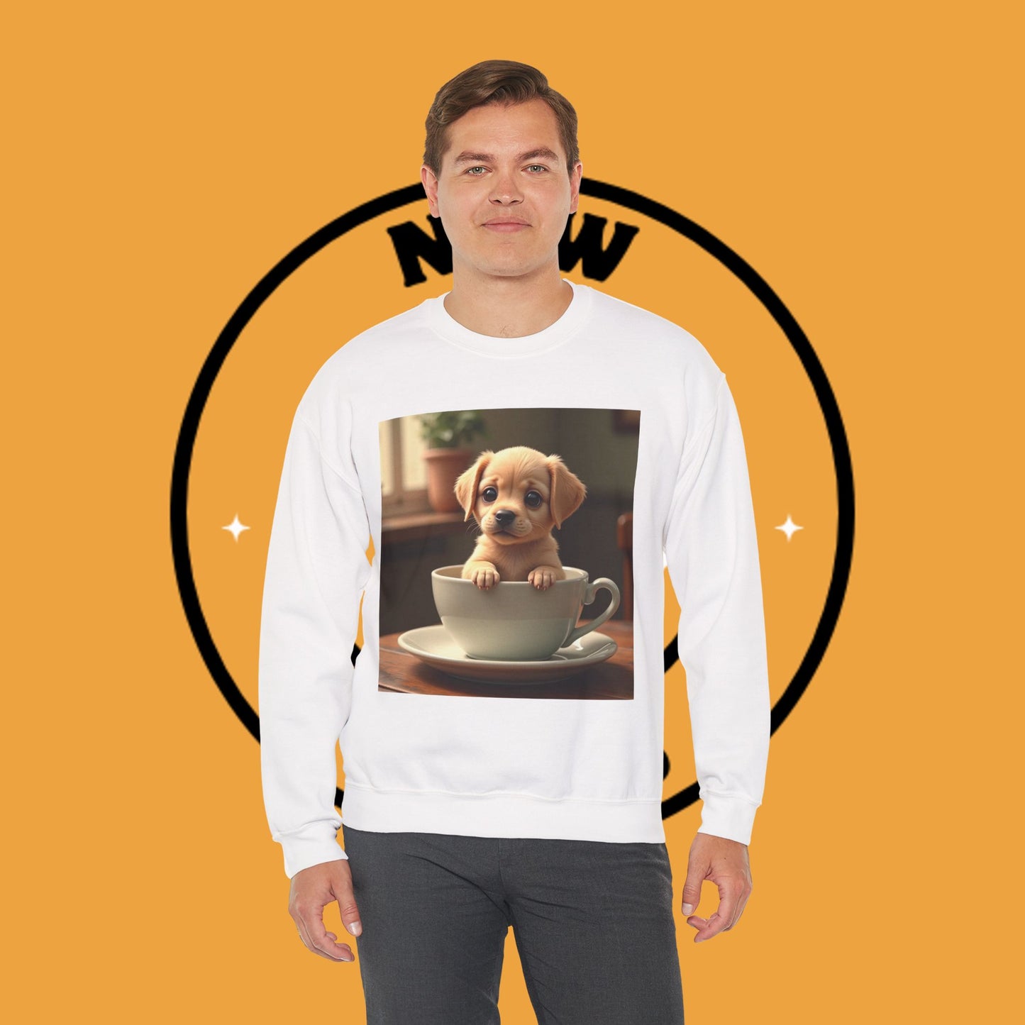 Unisex Dog Lover Crewneck Sweatshirt - Teacup Puppy: Adorable Yellow Lab in Coffee Cup
