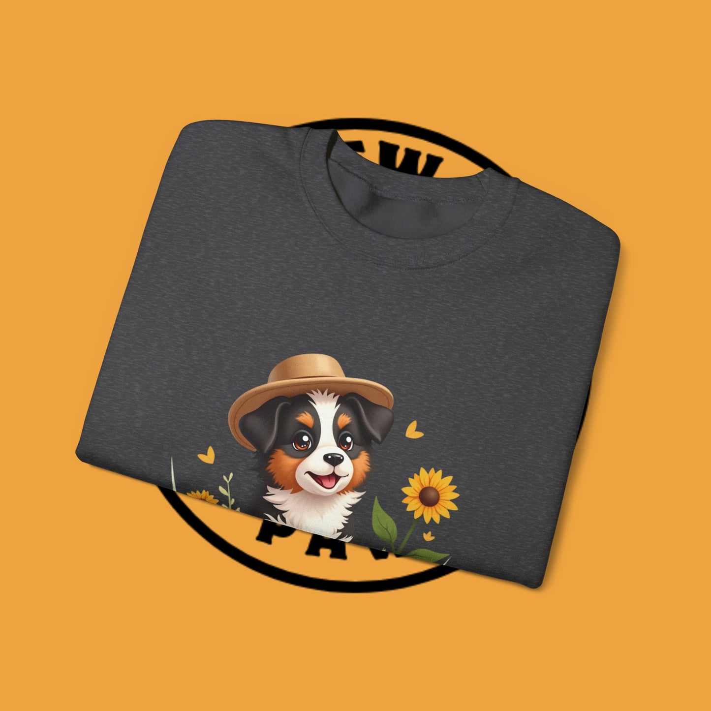 Garden Dog Crewneck Sweatshirt - Cute Puppy Gardener with Sunflowers Design | Green Thumb Gift