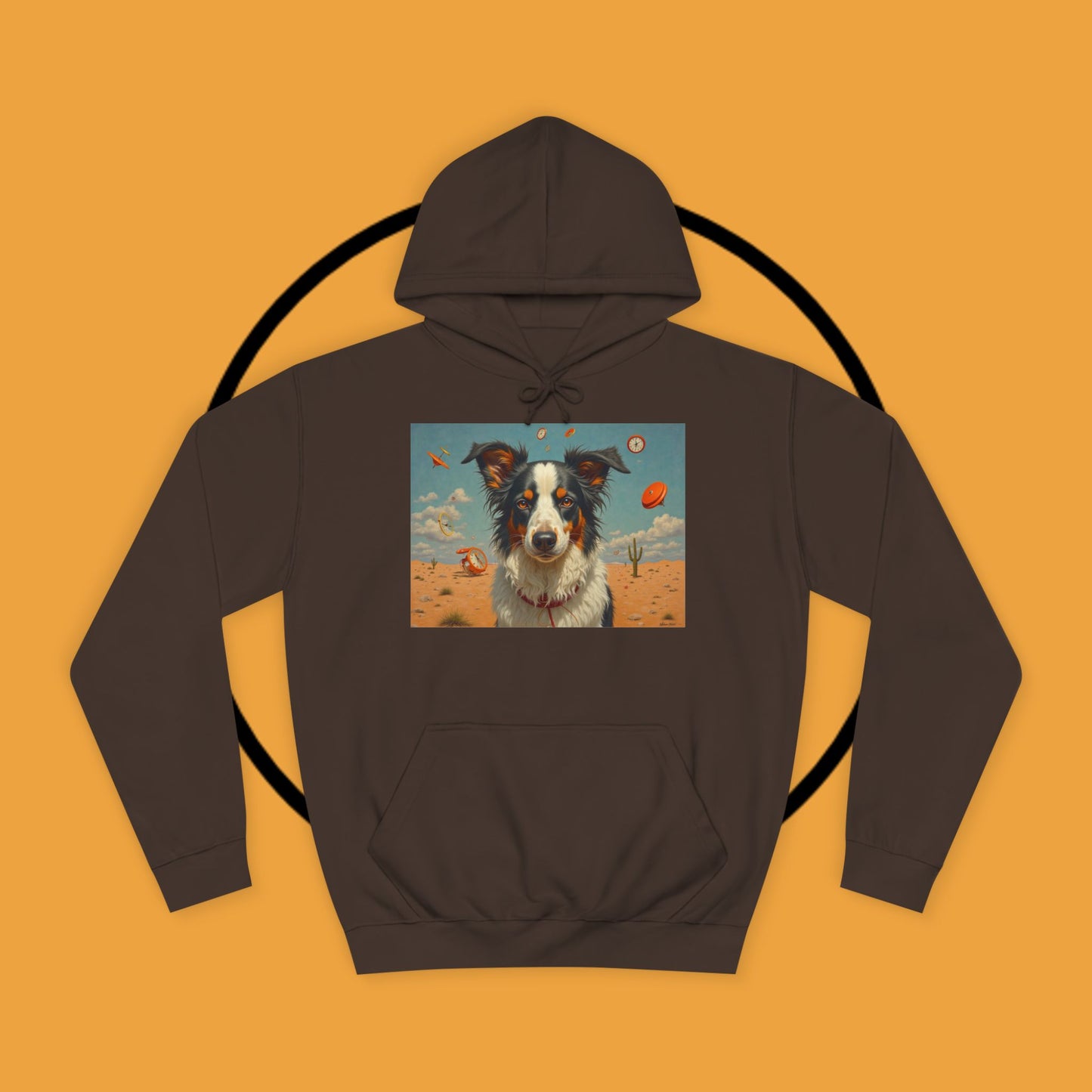 "Surreal Border Collie Time Desert Hoodie - Flying Clocks Artistic Dog Sweatshirt | Dreamlike Fantasy Design"