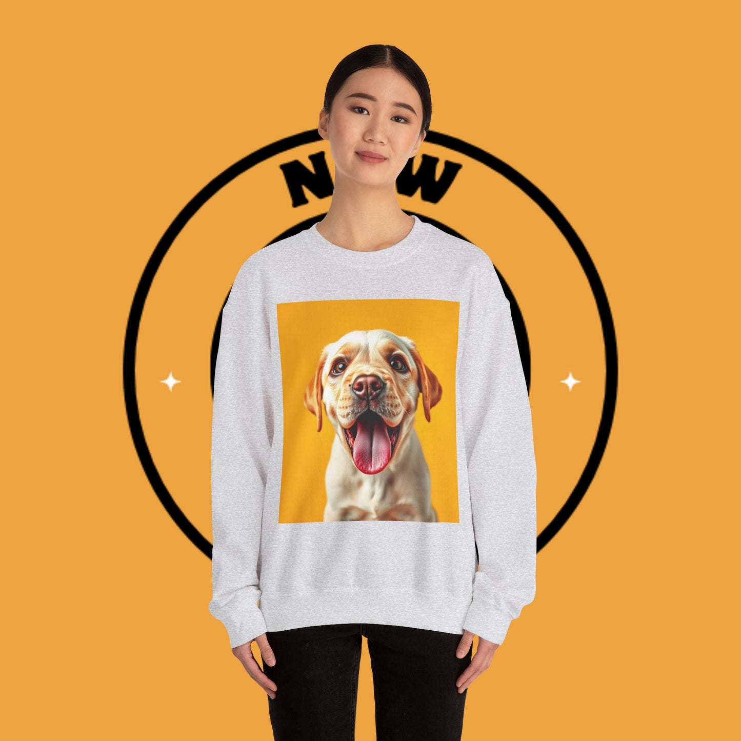Unisex Dog Lover Crewneck Sweatshirt - Smiling Yellow Lab on vibrant yellow background