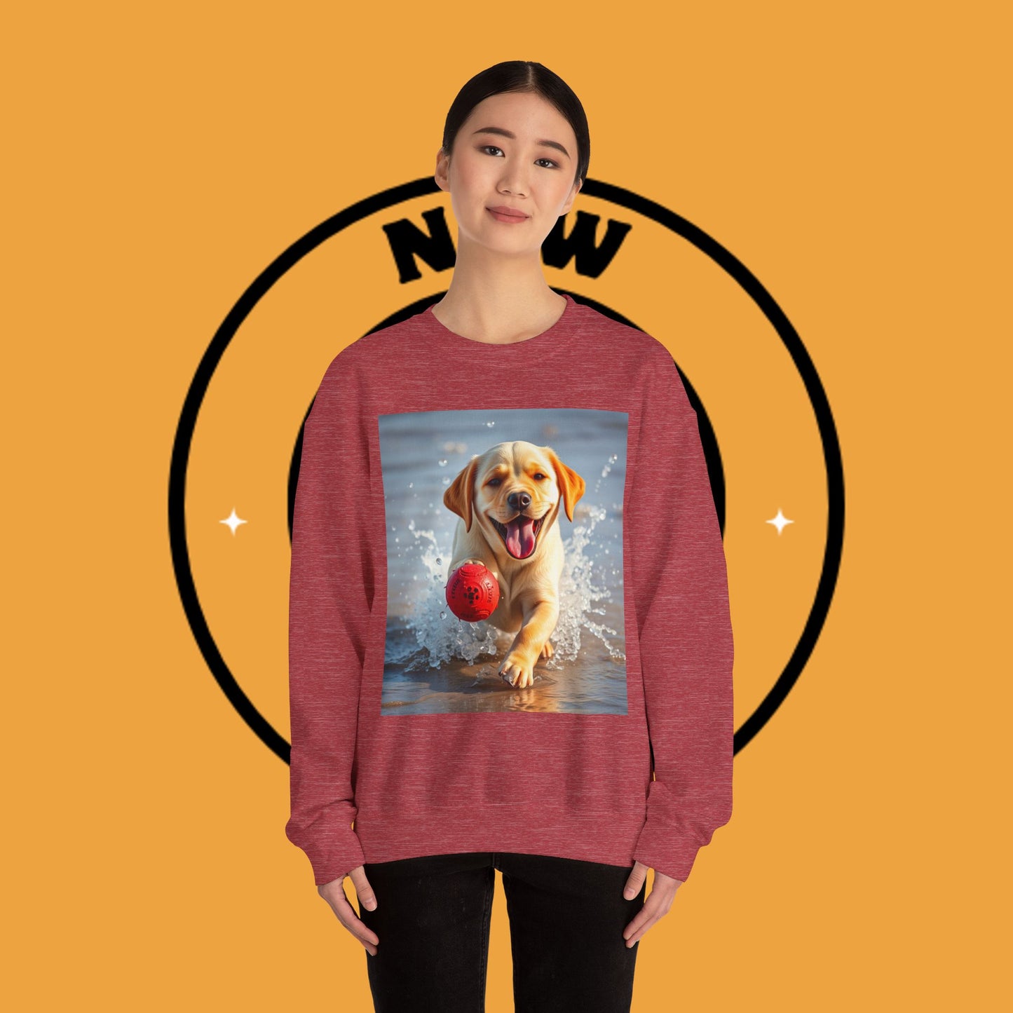 Unisex Dog Lover Crewneck Sweatshirt Labrador Puppy Playing with a Ball on the Beach - Photo of a Happy Dog Running in the Water