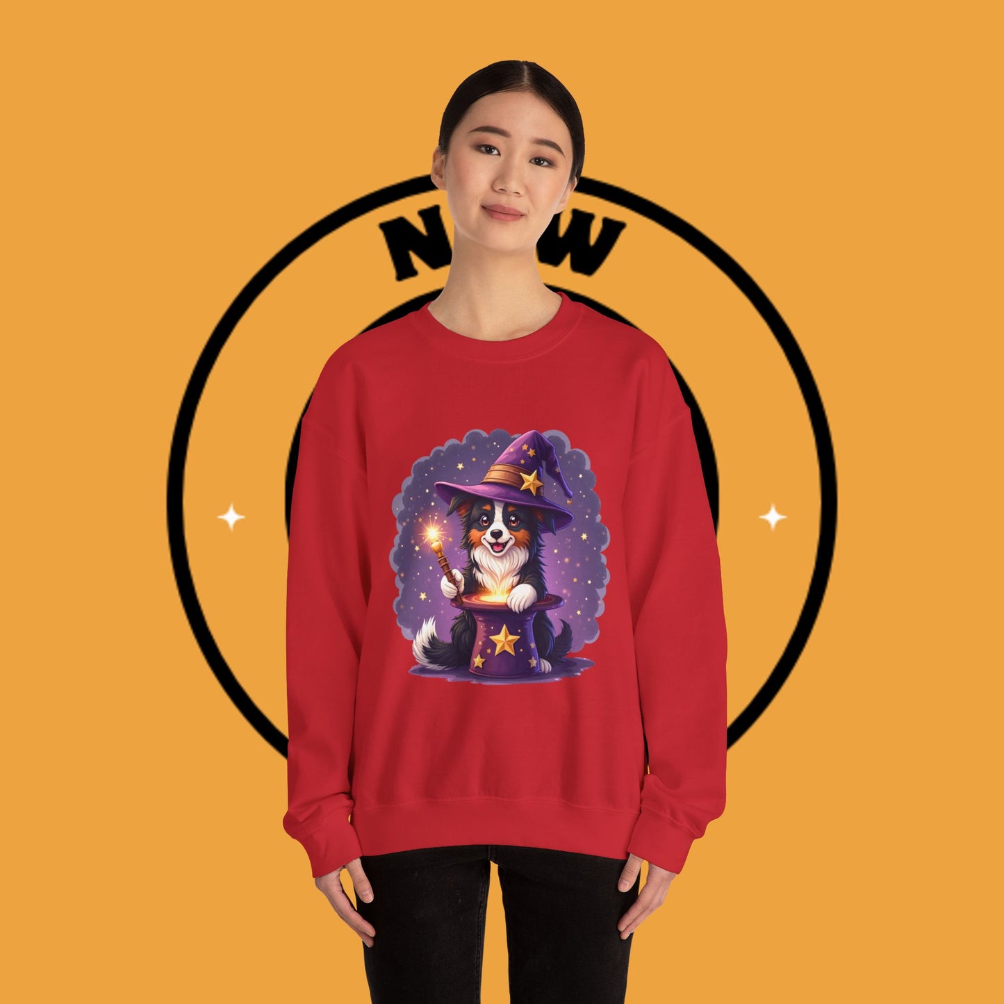 Magical Wizard Dog Crewneck Sweatshirt - Adorable Puppy Magician with Hat & Wand | Fantasy Pet Lover Gift Tee