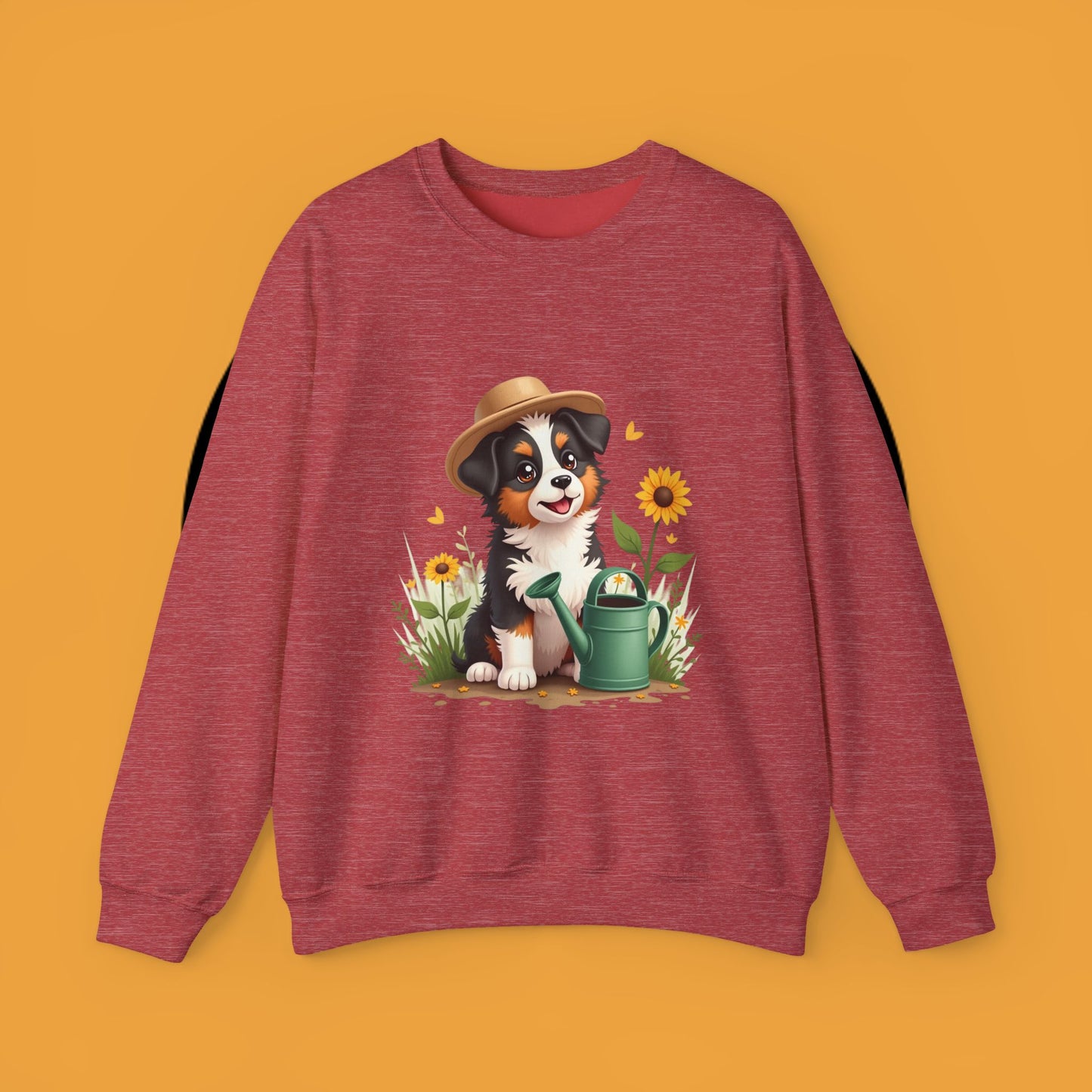 Garden Dog Crewneck Sweatshirt - Cute Puppy Gardener with Sunflowers Design | Green Thumb Gift