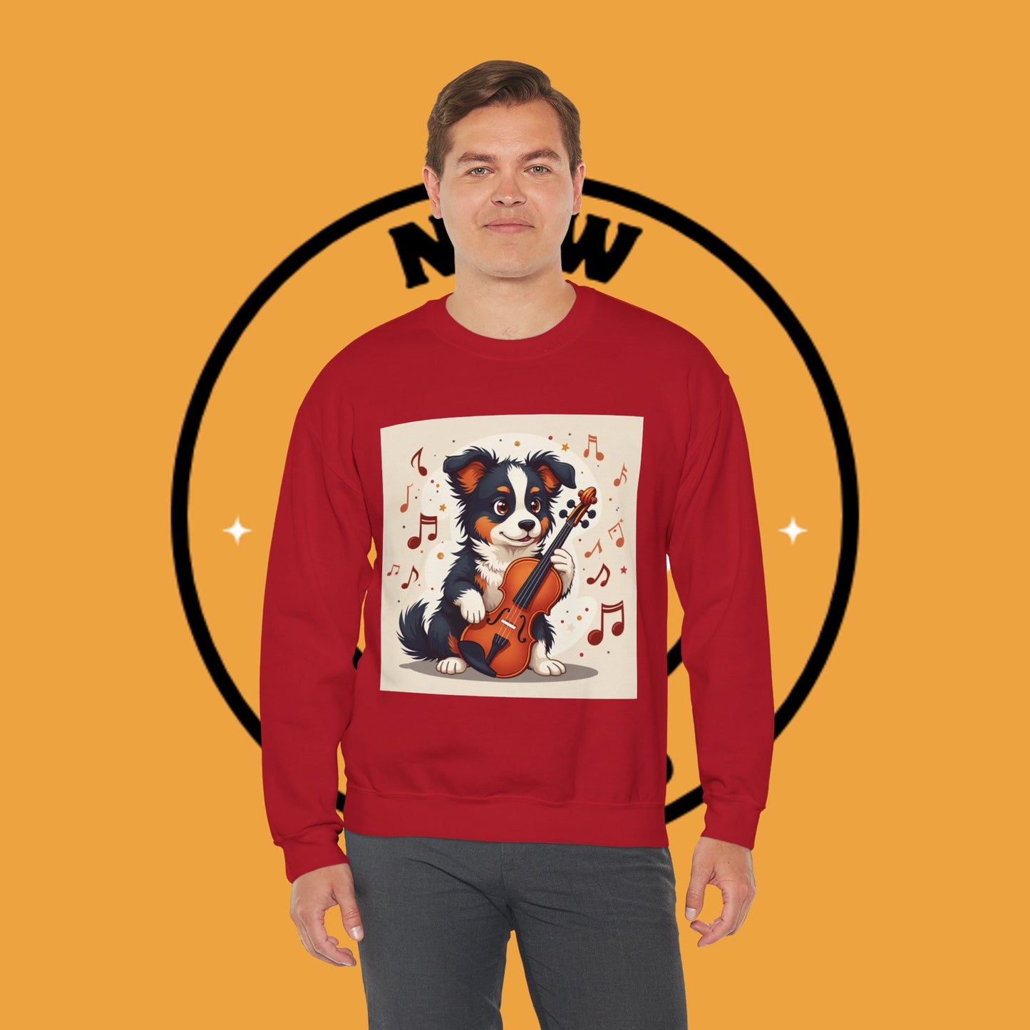 Music Dog Crewneck Sweatshirt - Cute Puppy Violinist with Musical Notes Design | Musician Gift