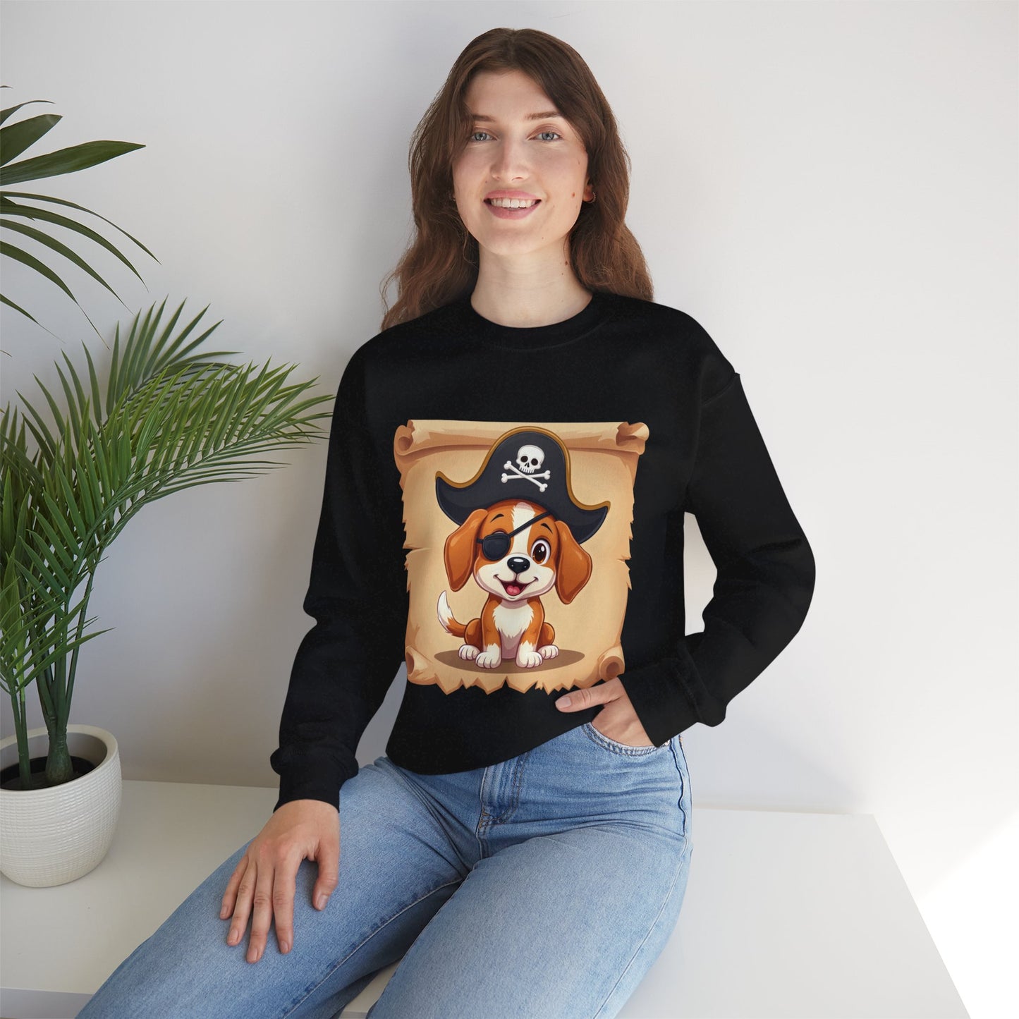 Pirate Dog Crewneck Sweatshirt - Buccaneer Beagle Design with Patch and Hat
