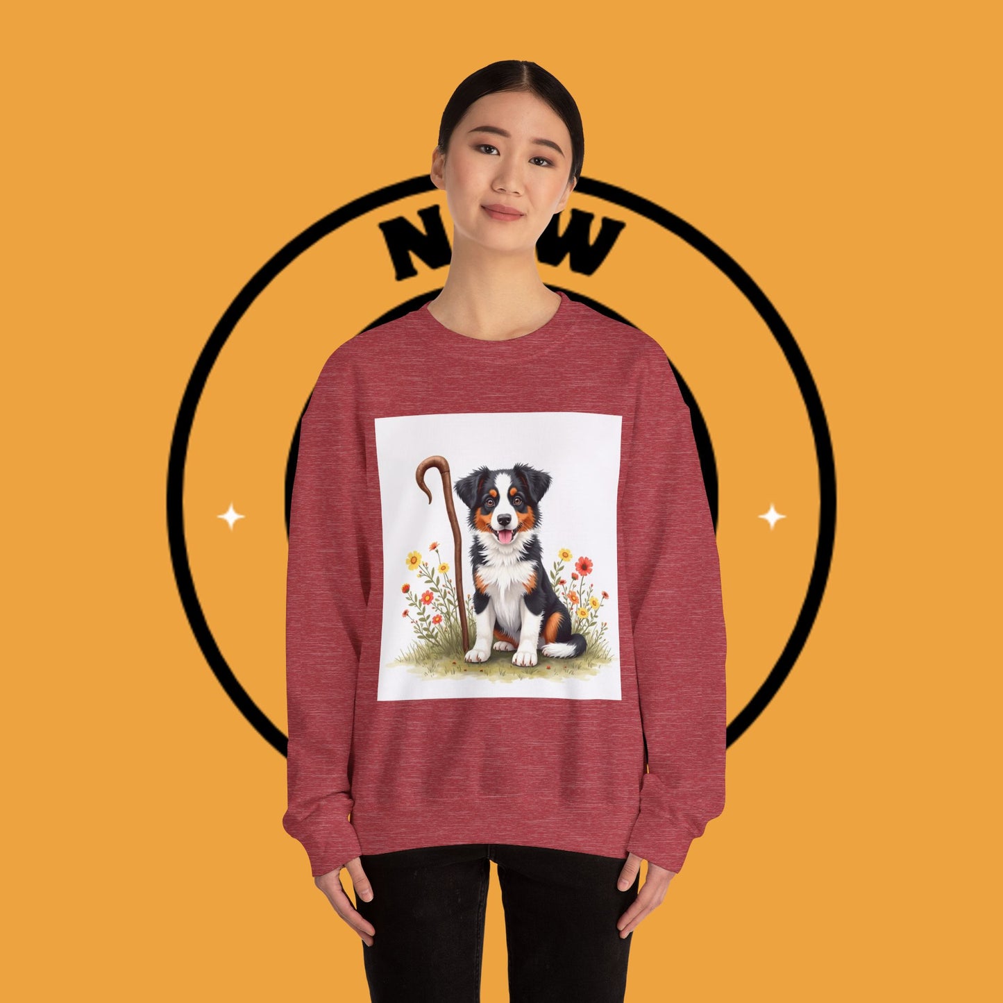 Border Collie Puppy Shepherd's Crook Crewneck Sweatshirt - Pastoral Dog Art | Farm Life Gift