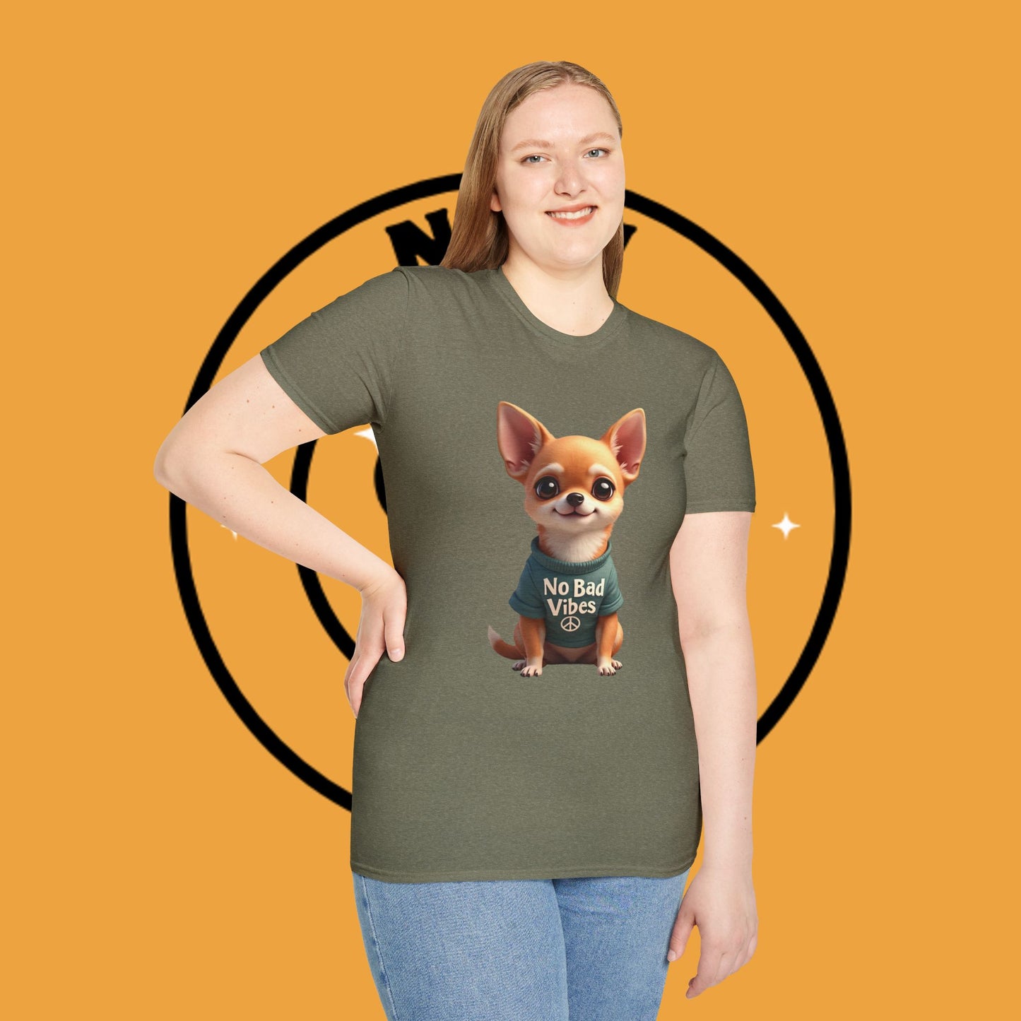 No Bad Vibes Chihuahua T-Shirt - Positive Energy Dog Art - Peace Symbol Pet Tee - Mental Health Wellness Shirt