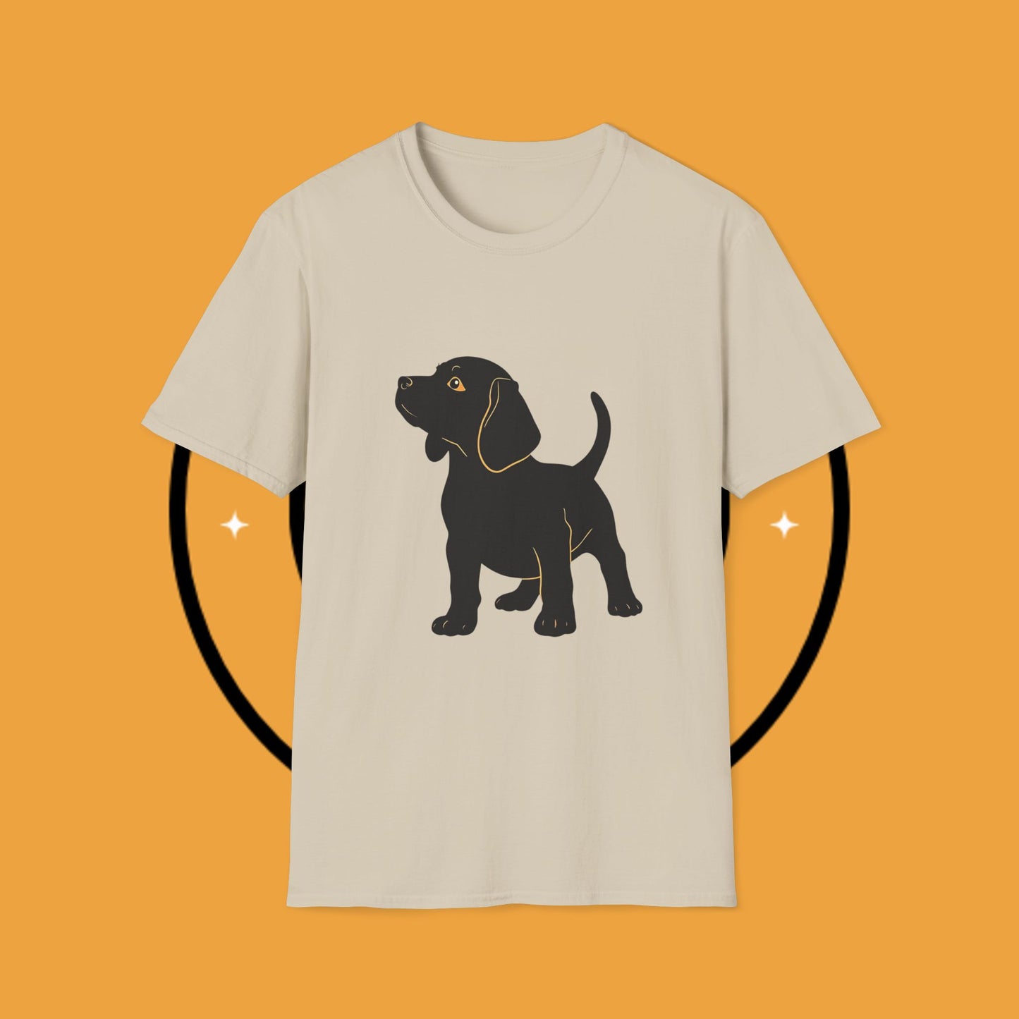 Minimalist Black Beagle Puppy T-Shirt - Simple Dog Silhouette Design | Modern Pet Lover Tee with Gold Accents