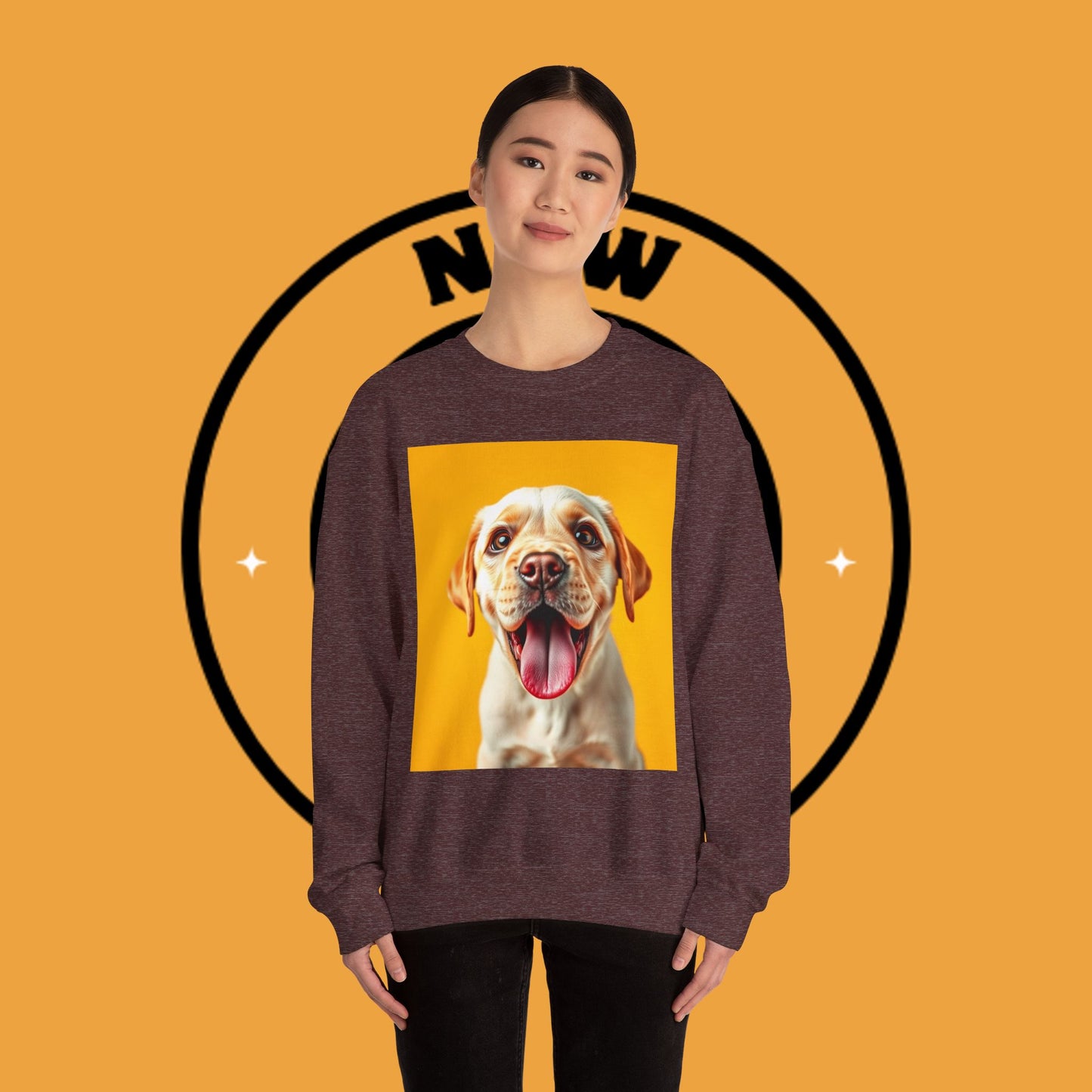 Unisex Dog Lover Crewneck Sweatshirt - Smiling Yellow Lab on vibrant yellow background