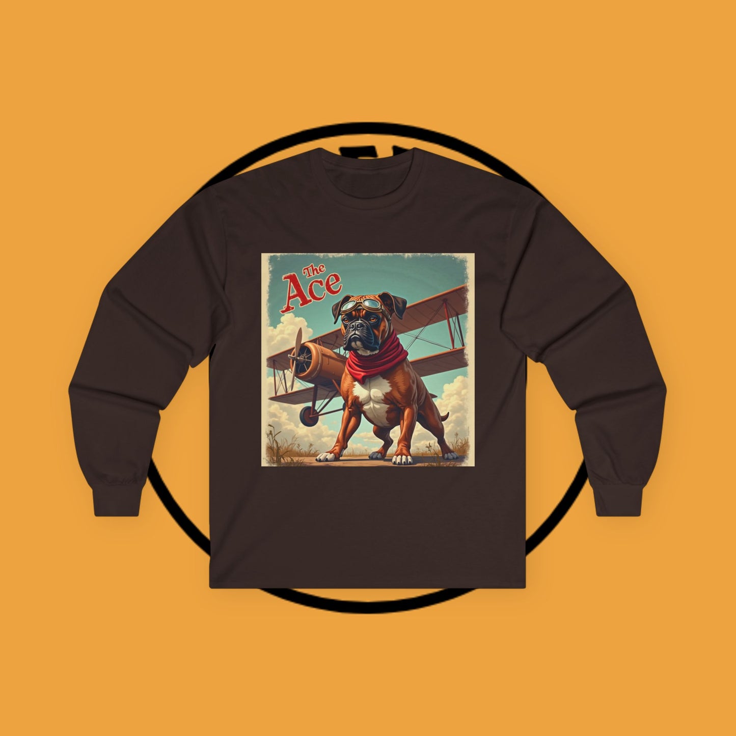 The Ace Vintage Aviation Pilot Dog Long Sleeve Tee - WWI Flying Ace Boxer Shirt