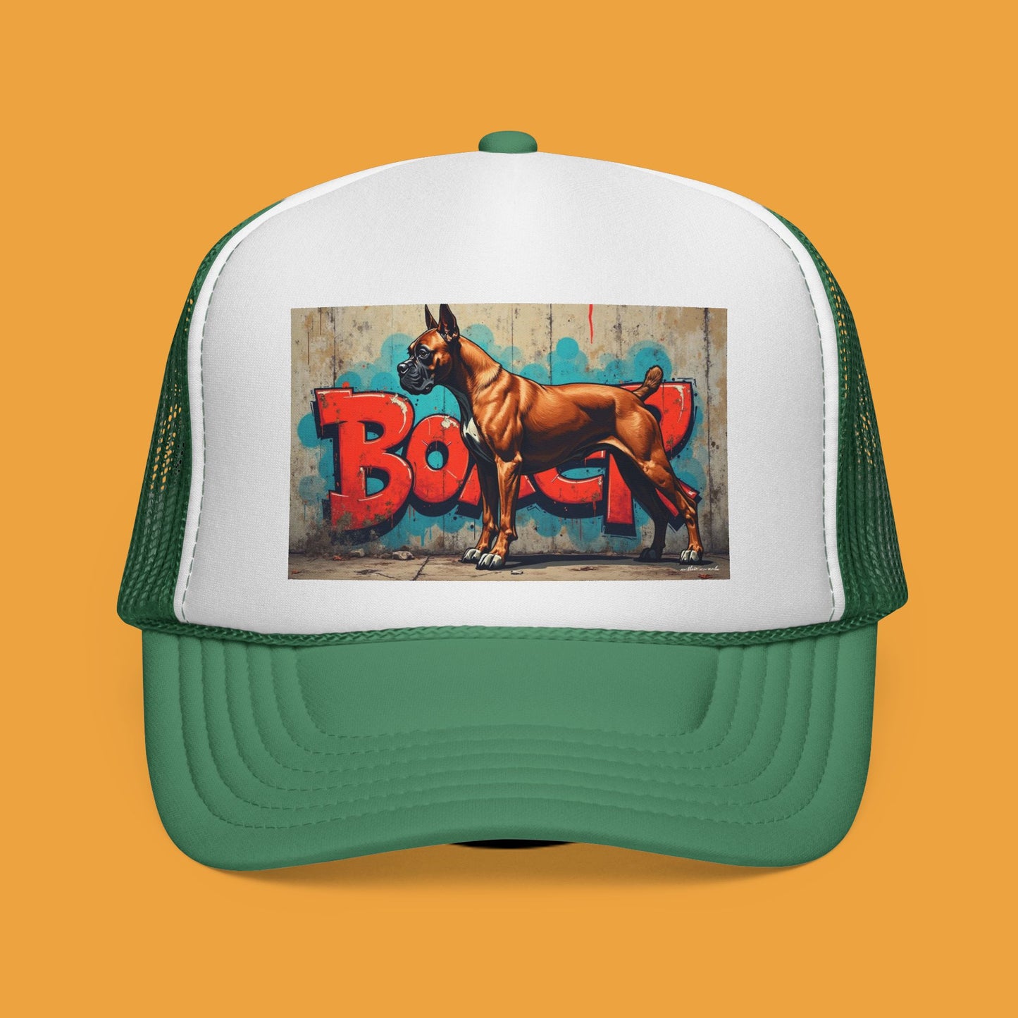 "Graffiti Boxer Dog Trucker Cap - Urban Street Art Design | Hip Hop Style Snapback Hat | Street Culture Baseball Cap"