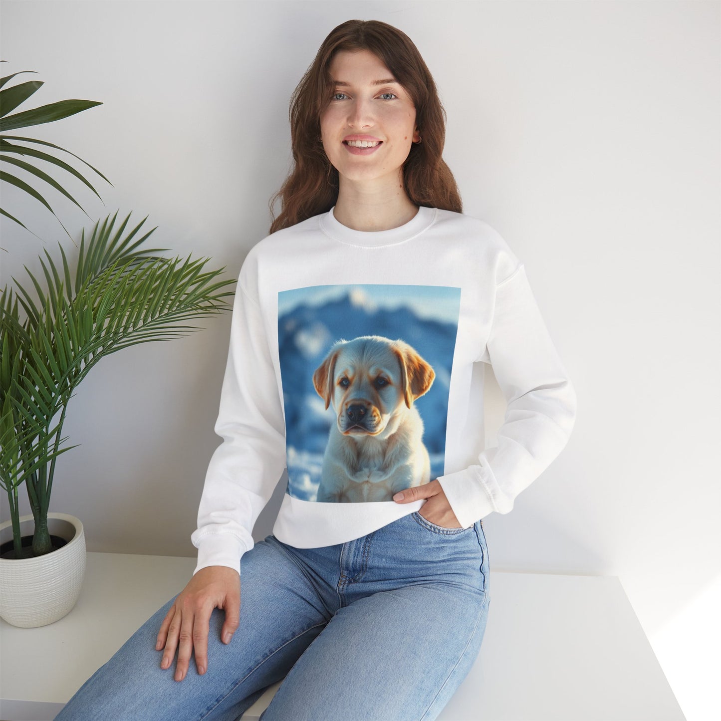 Crewneck Sweatshirt - Cute Labrador Puppy with Blue Eyes - Adorable Dog Portrait in Snow