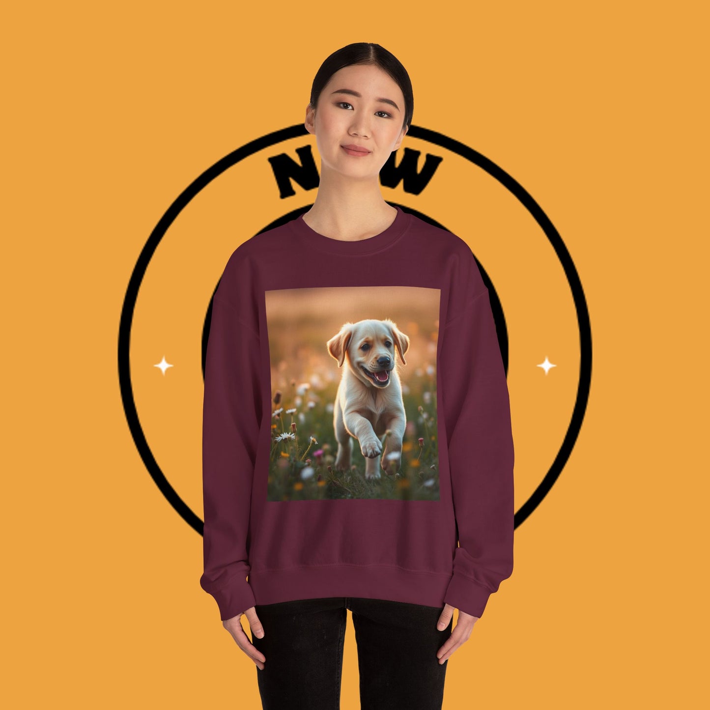 Unisex Dog Lover Crewneck Sweatshirt - Playful Labrador Puppy Running Through Wildflower Meadow