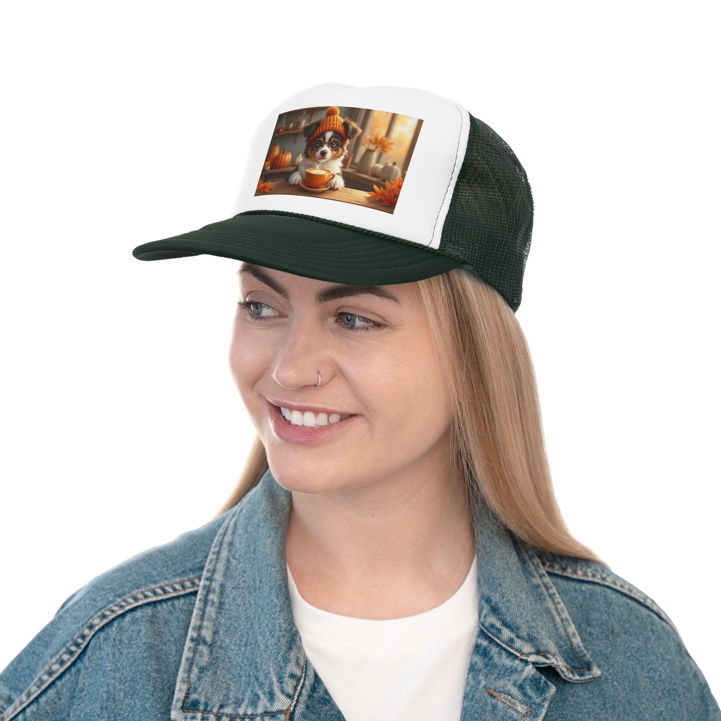 Autumn Cozy Dog Trucker Hat - Cute Puppy Coffee Lover Cap - Fall Vibes Baseball Hat