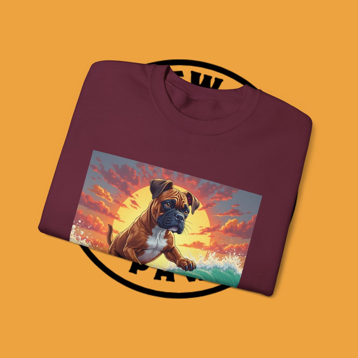 Surfing Boxer Dog Crewneck Sweatshirt | Funny Beach Surfer Gift | Epic Wave Riding Pup Design