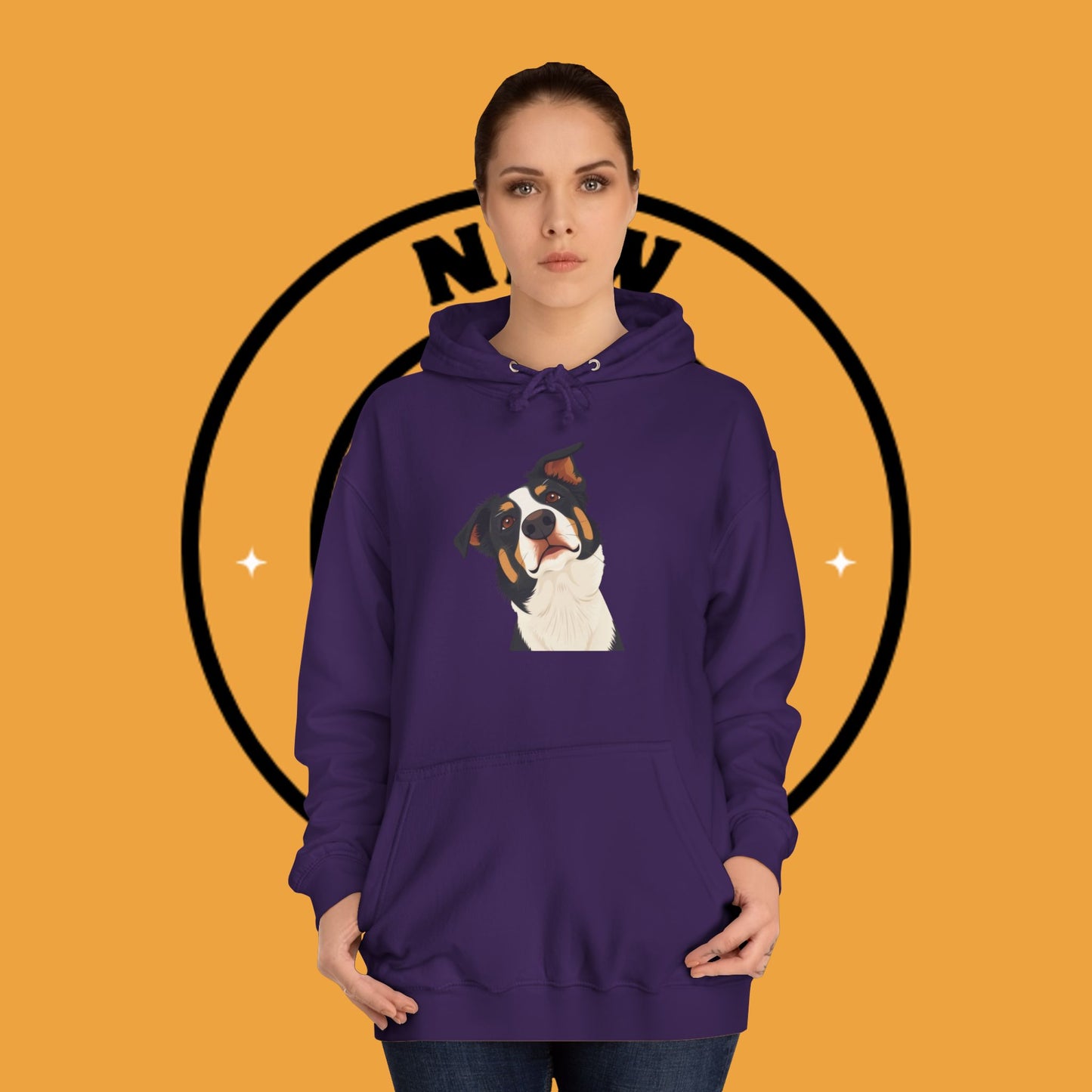 "Happy Border Collie Hoodie - Playful Cartoon Dog with Tilted Head Design | Cute Animal Streetwear"