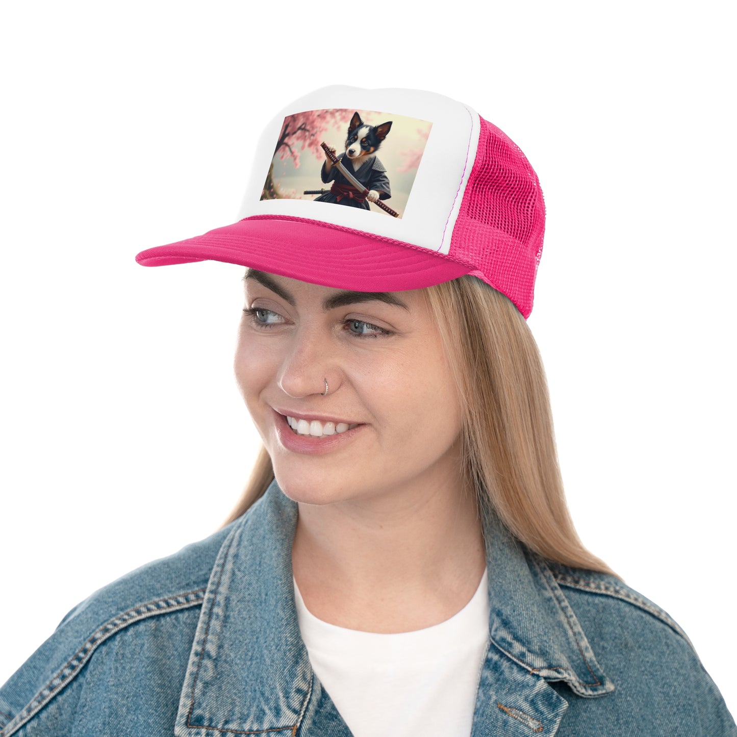 Samurai Puppy Trucker Hat - Japanese Warrior Dog Cap - Cherry Blossom Ninja Baseball Hat