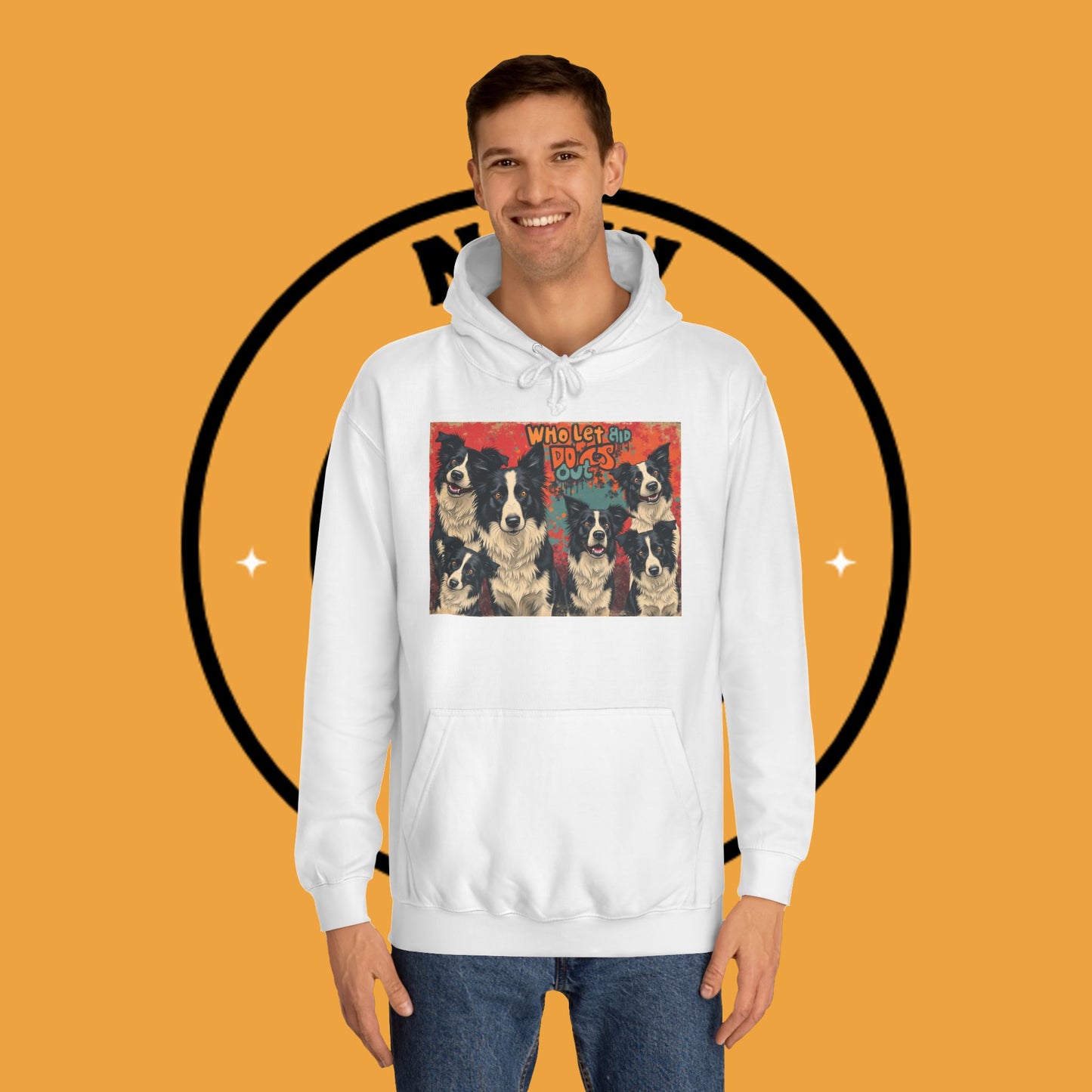 "Who Let the Dogs Out Border Collie Hoodie - Funny 90s Nostalgia Dog Pack Sweatshirt | Retro Music Design"