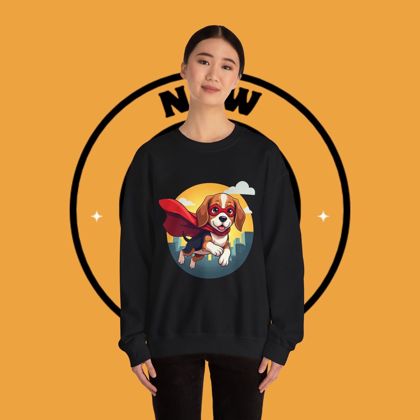 Superhero Dog Crewneck Sweatshirt - Flying Beagle Design with Red Cape and Mask