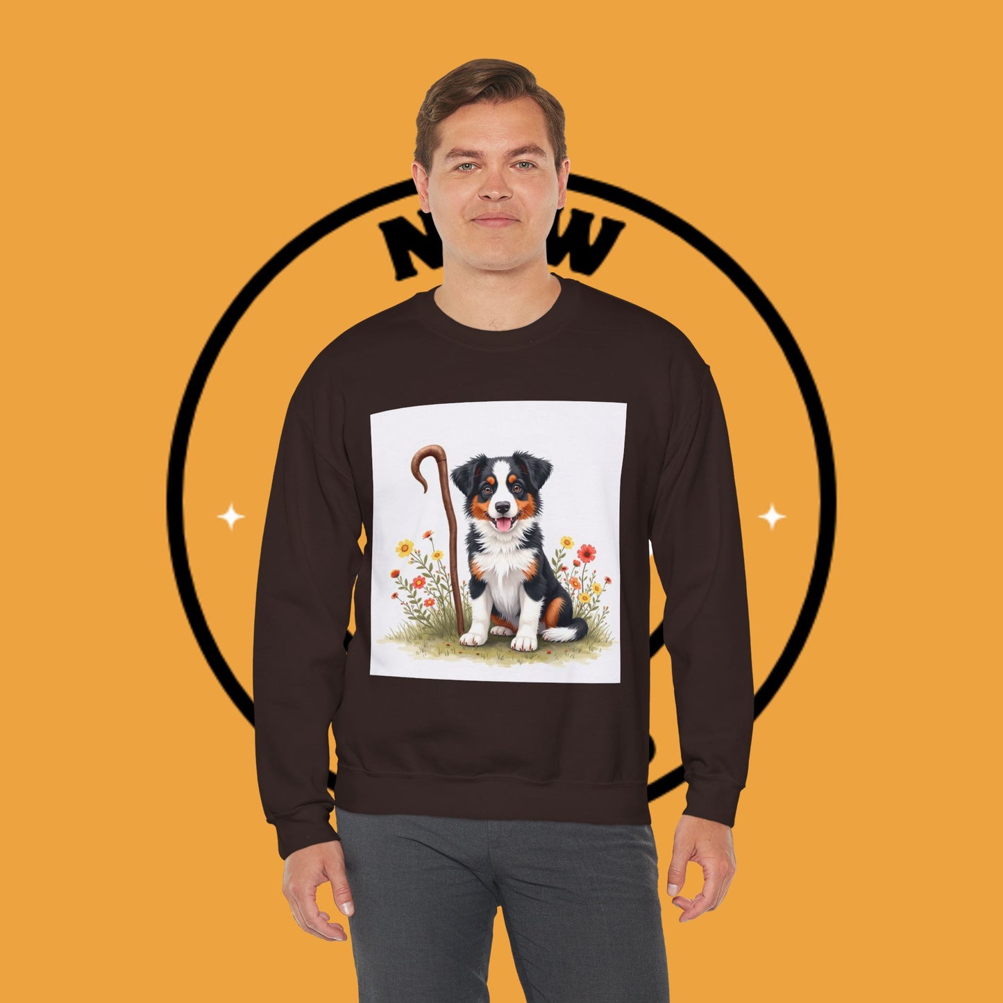 Border Collie Puppy Shepherd's Crook Crewneck Sweatshirt - Pastoral Dog Art | Farm Life Gift