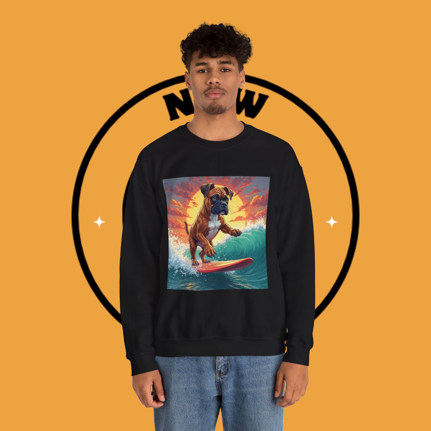 Surfing Boxer Dog Crewneck Sweatshirt | Funny Beach Surfer Gift | Epic Wave Riding Pup Design