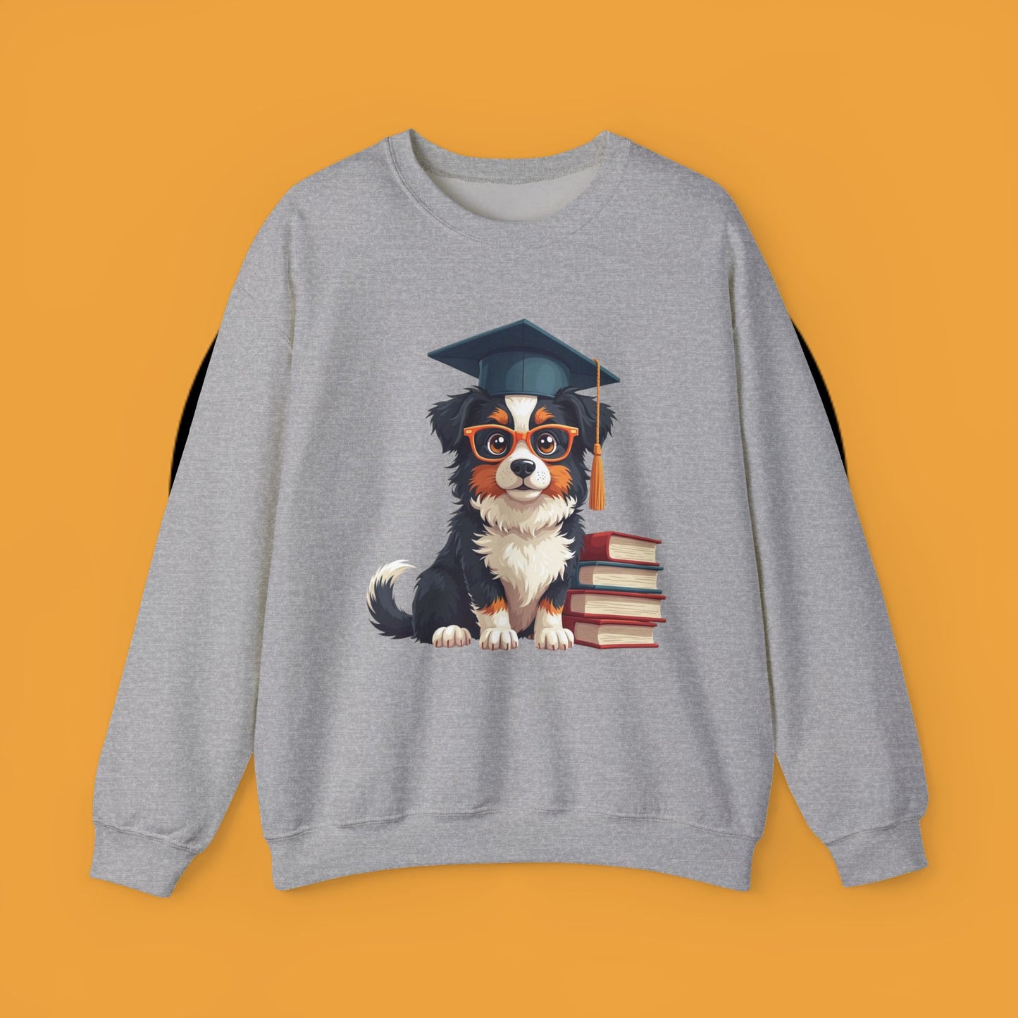 Graduation Dog Crewneck Sweatshirt - Smart Puppy Graduate Cap Books | Academic Achievement Gift
