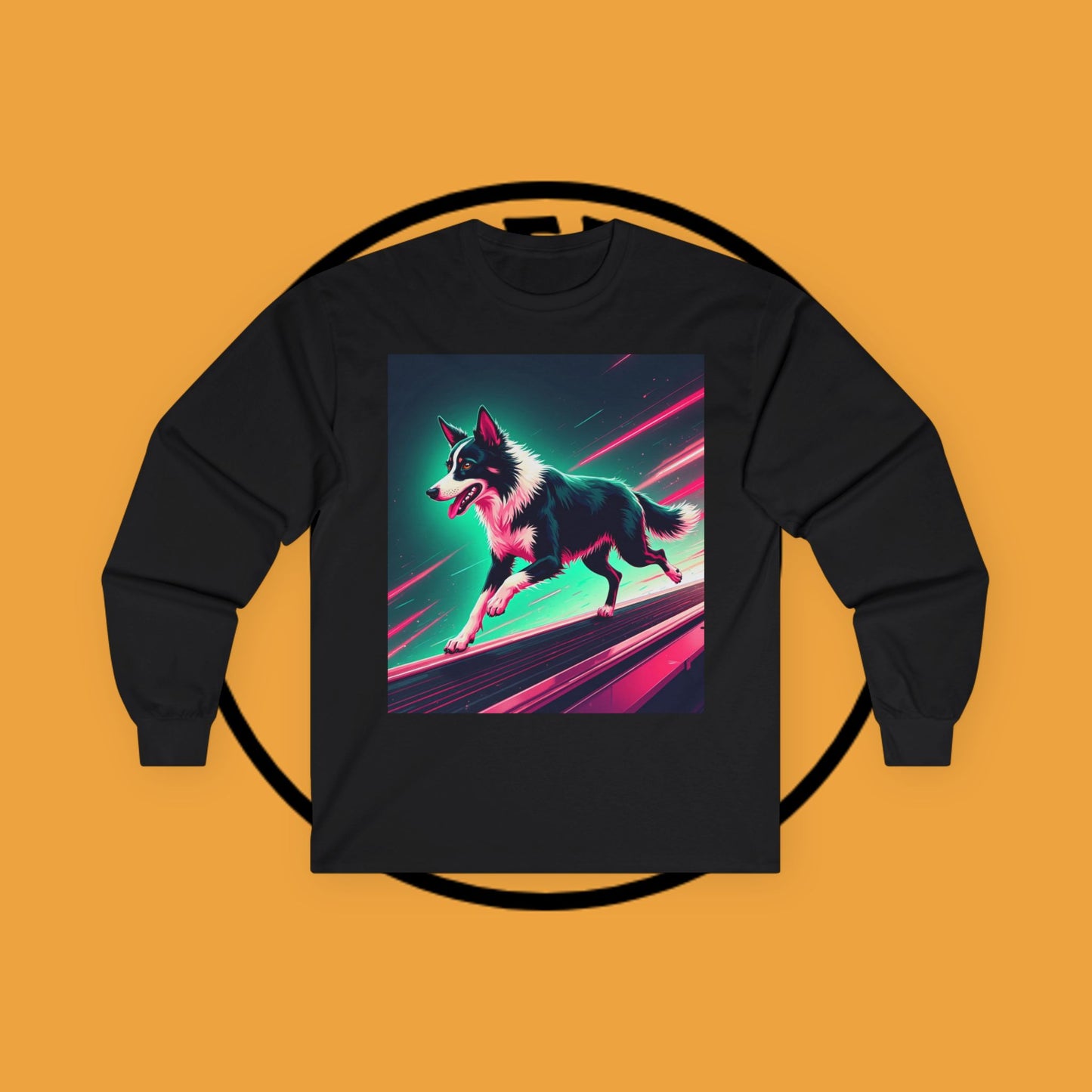 "Neon Speed Dog Long Sleeve Tee - Cyberpunk Running Border Collie Shirt - Futuristic Animal Art Apparel"