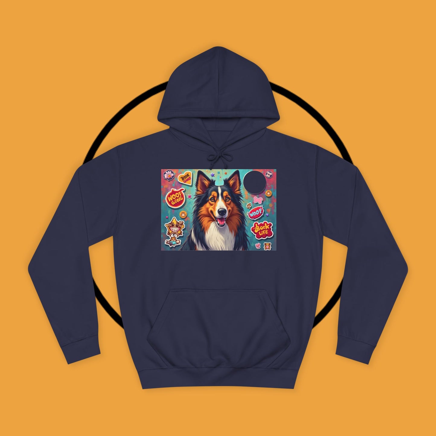 "Dog Sticker Pack Hoodie - Vibrant Collie with Fun Dog Patches Design | Millennial Pet Lover Streetwear"