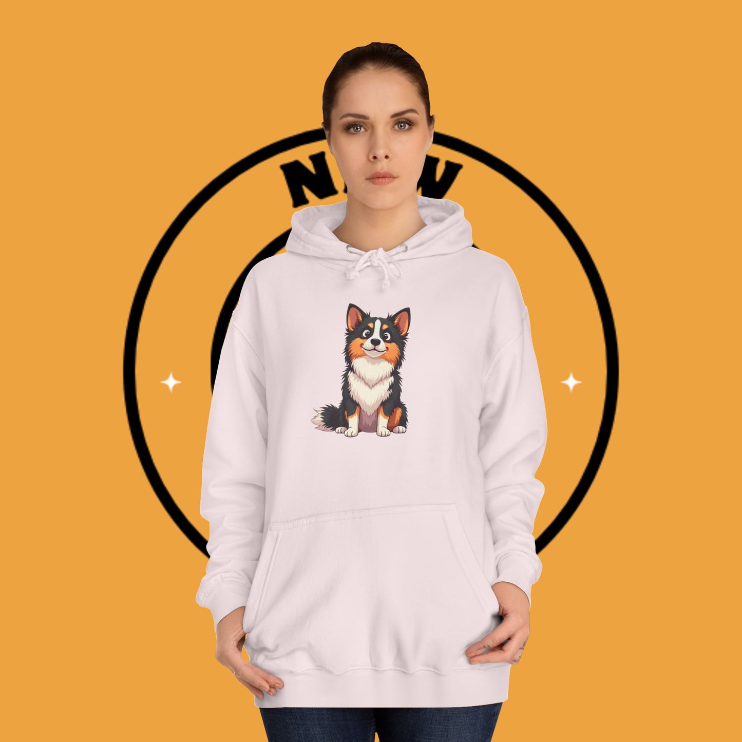 "Cute Tricolor Puppy Hoodie - Adorable Cartoon Dog Design | Kawaii Animal Streetwear for Dog Lovers"