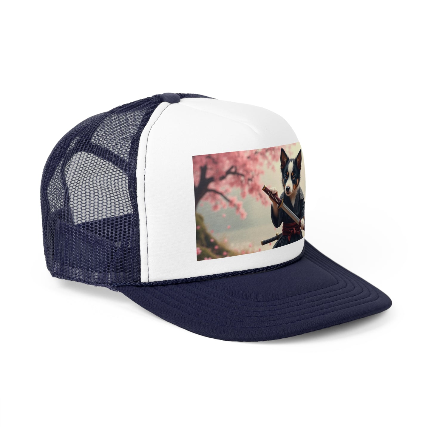 Samurai Puppy Trucker Hat - Japanese Warrior Dog Cap - Cherry Blossom Ninja Baseball Hat