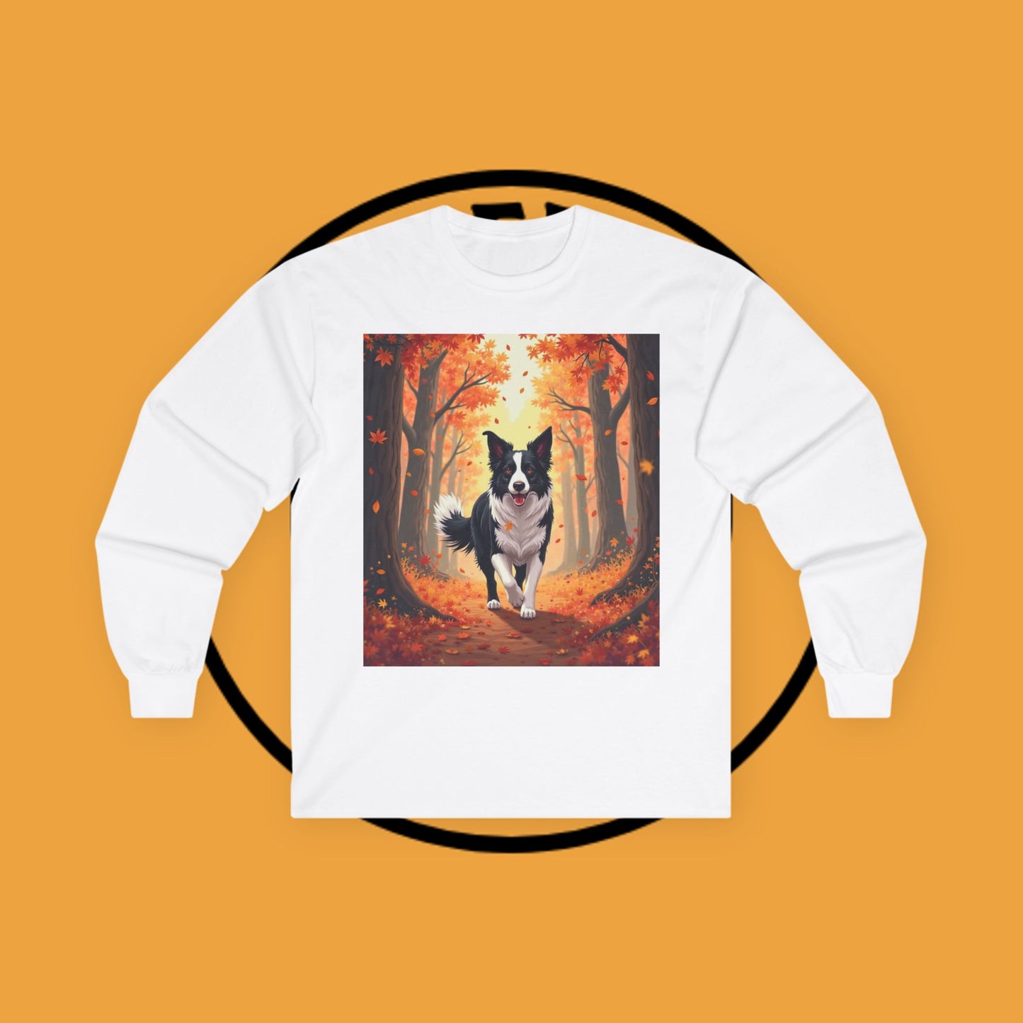 Autumn Border Collie Long Sleeve Tee - Fall Forest Dog Art Shirt | Seasonal Pet Apparel