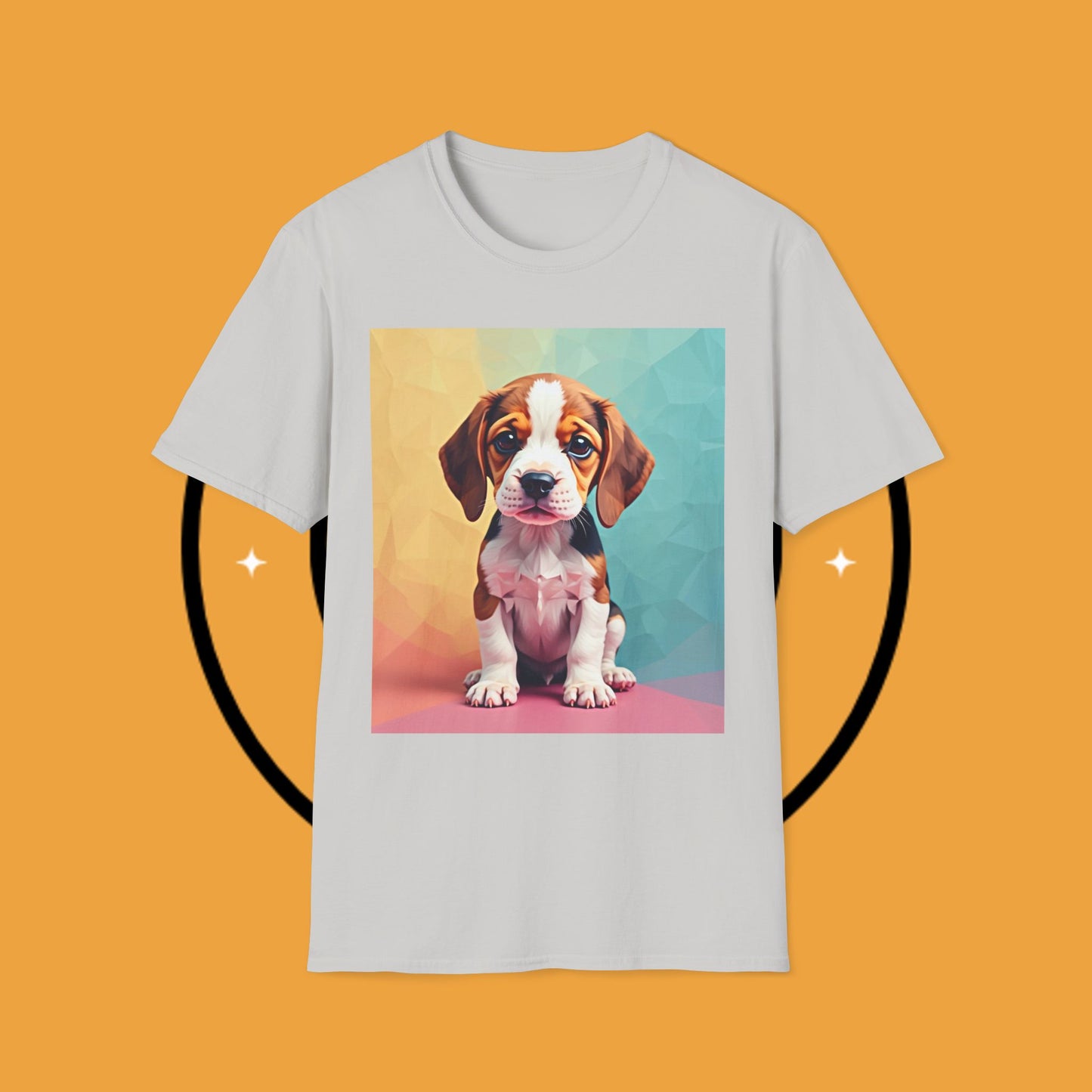 Modern Art Beagle Puppy T-Shirt - Geometric Low Poly Dog Design with Rainbow Background