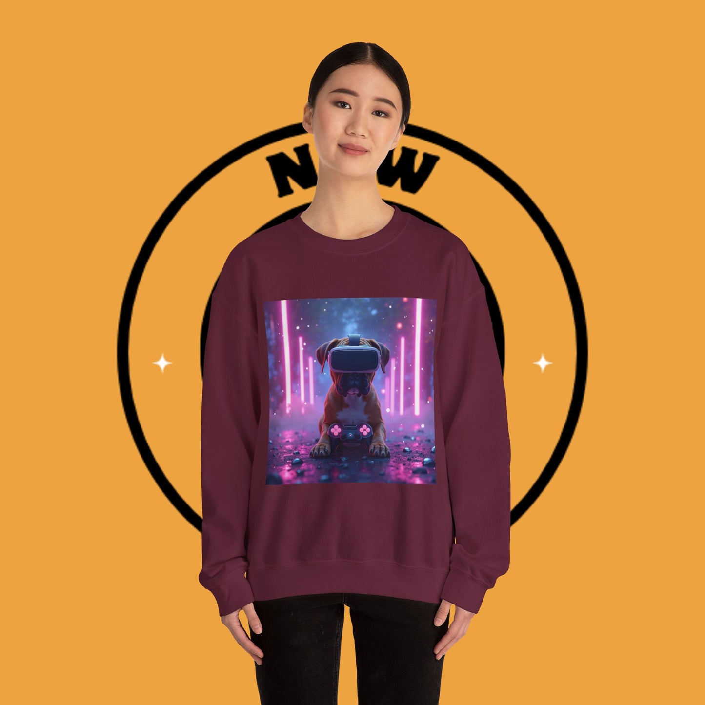 VR Gaming Boxer Dog Crewneck Sweatshirt | Funny Gamer Gift | Virtual Reality Puppy Design