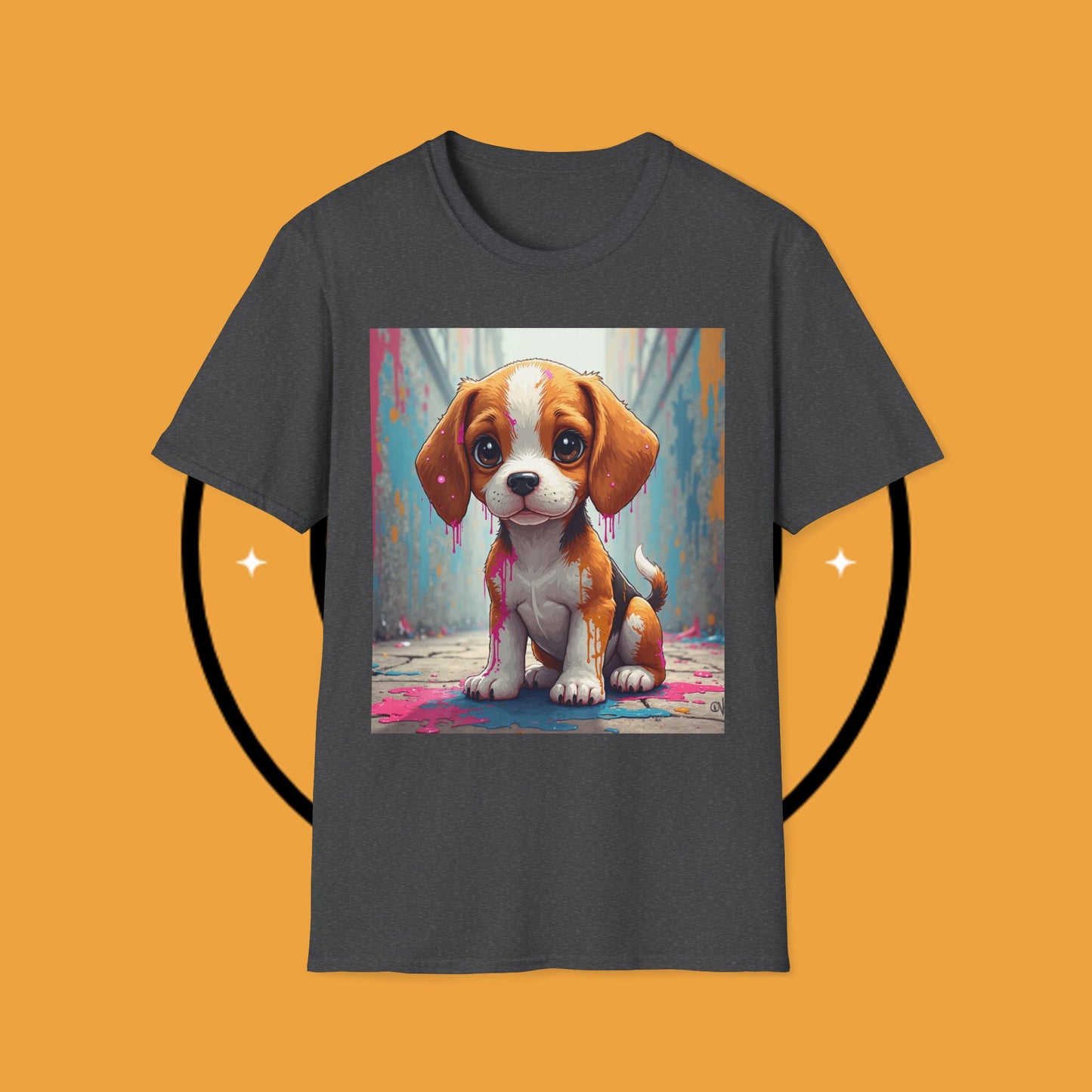 Beagle Street Art T-Shirt - Urban Paint Splatter Dog Design | Artistic Puppy Graffiti Tee for Creative Souls