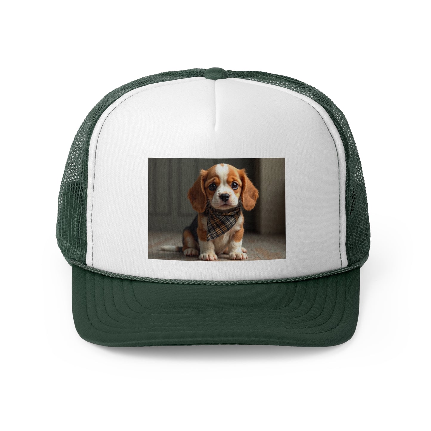 Stylish Beagle Puppy with Plaid Bandana Trucker Hat - Premium Dog Lover Cap - Adorable Dog Lover Unisex Cap