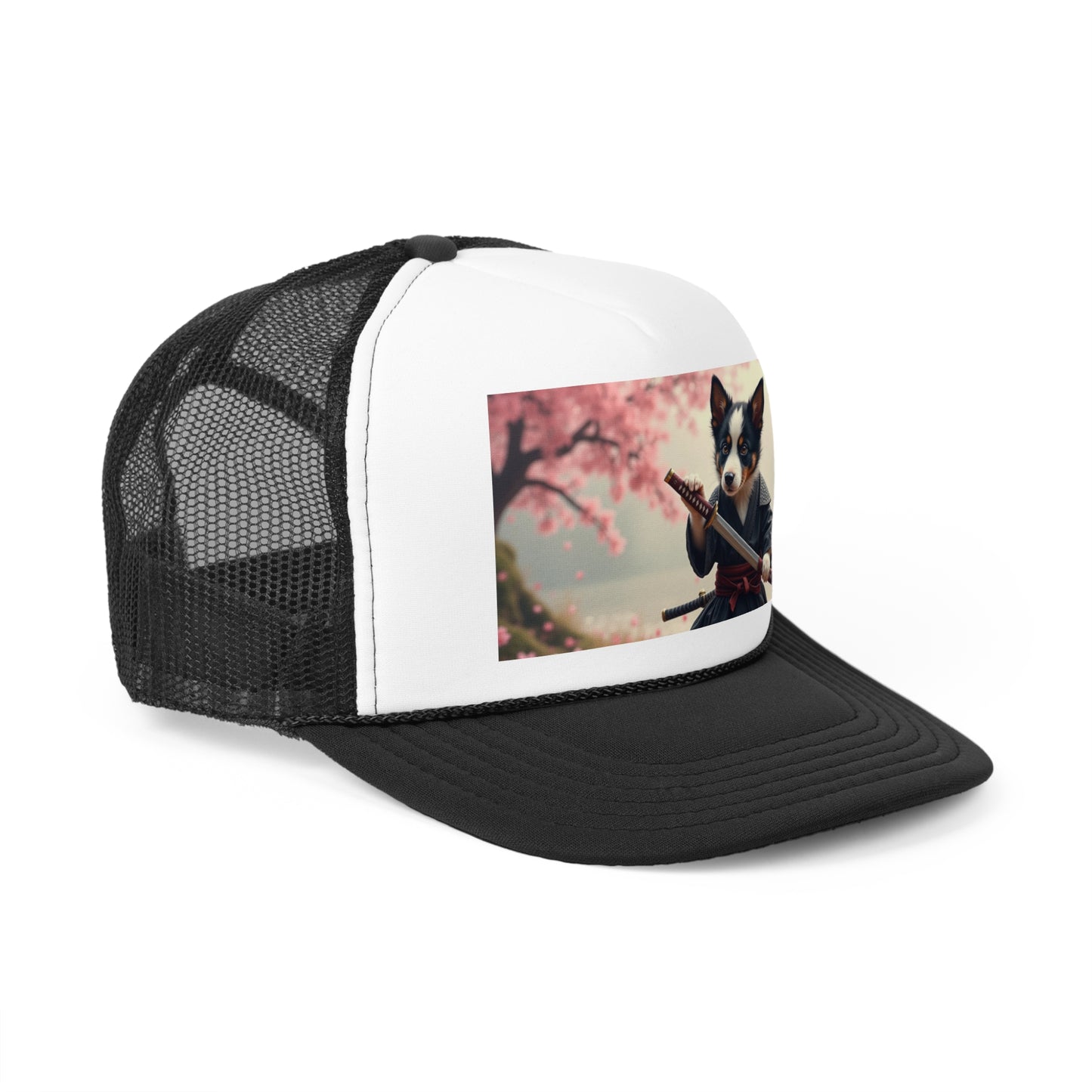 Samurai Puppy Trucker Hat - Japanese Warrior Dog Cap - Cherry Blossom Ninja Baseball Hat