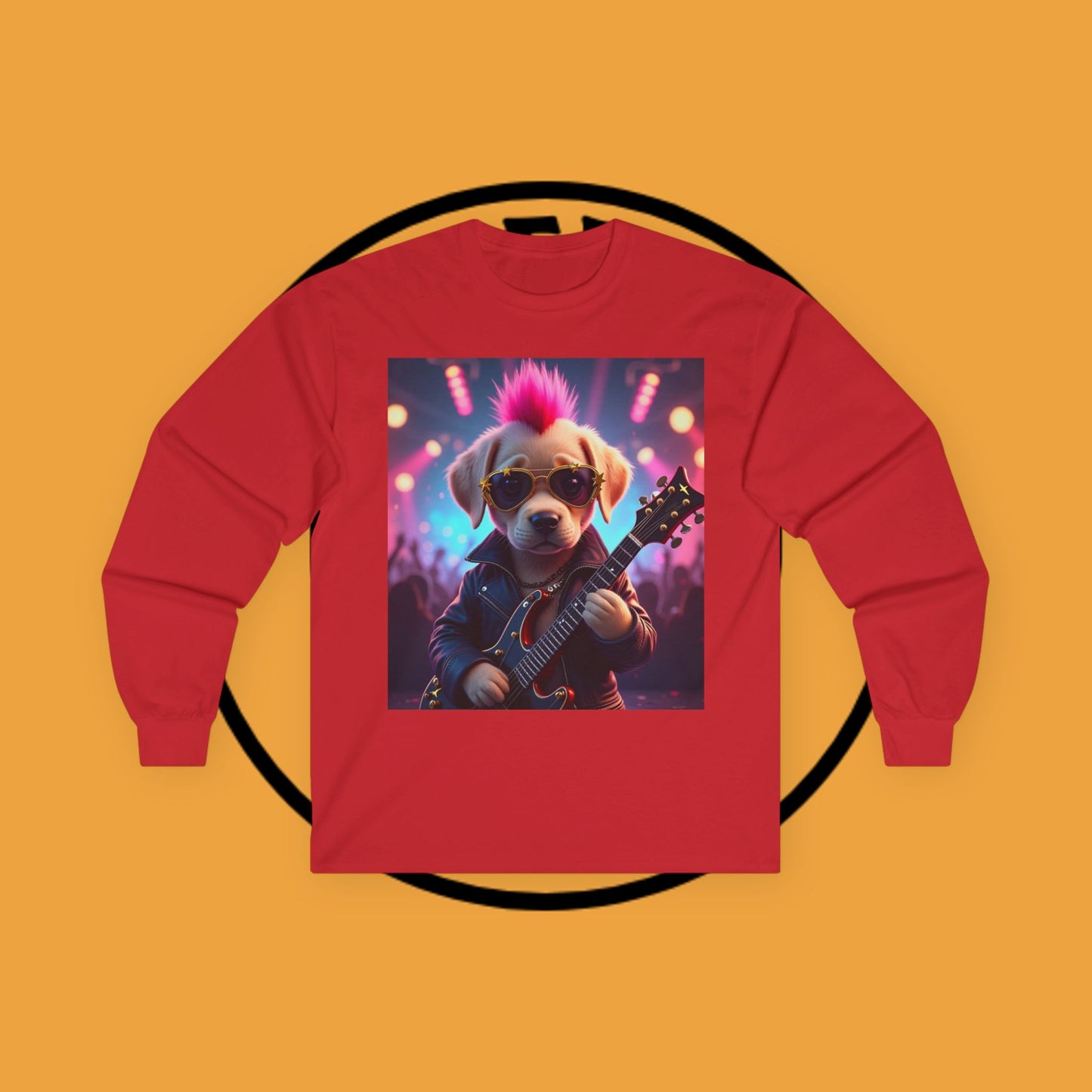 Long Sleeve T-Shirt - Punk Puppy with Electric Guitar - Design for Music Lovers Rockin' - Dog with Electric Guitar and Pink Mohawk - 🎸🐾