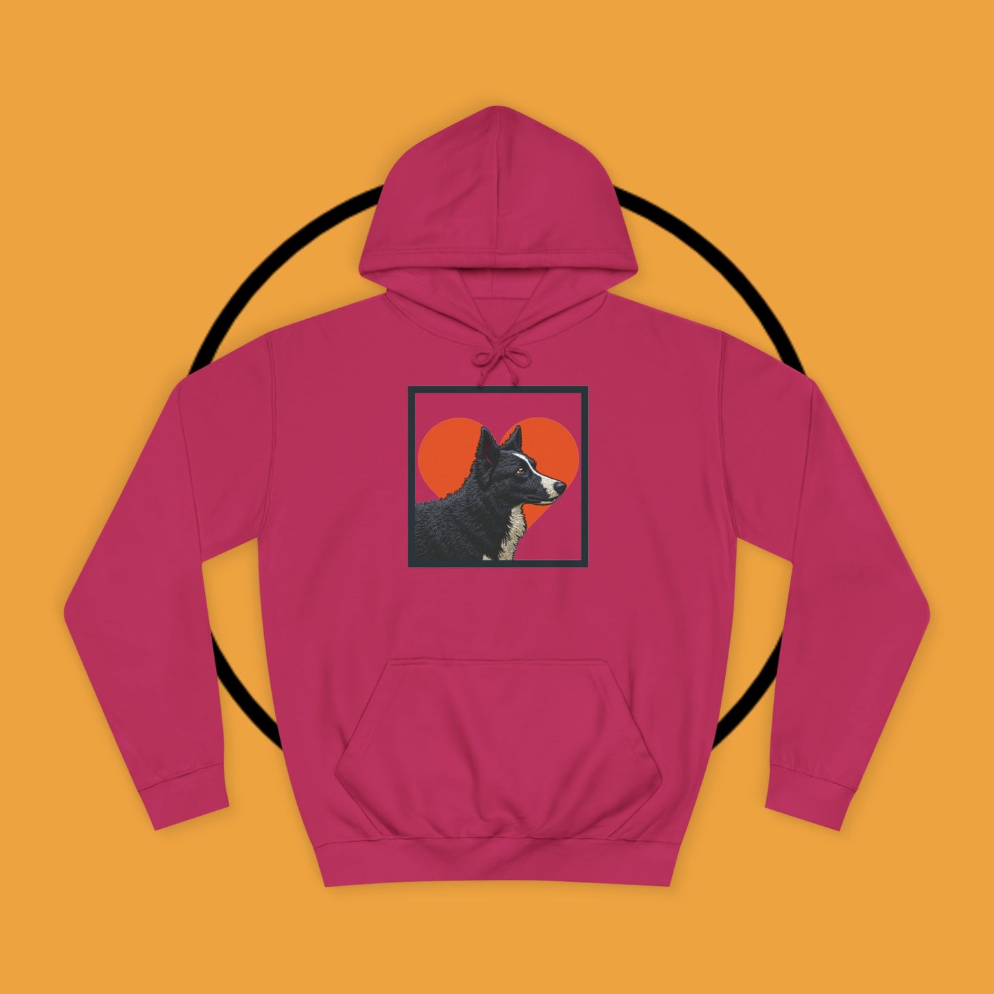 "Black & White Border Collie Portrait Hoodie - Bold Red Heart Background Dog Lover Sweatshirt | Premium Art Design"