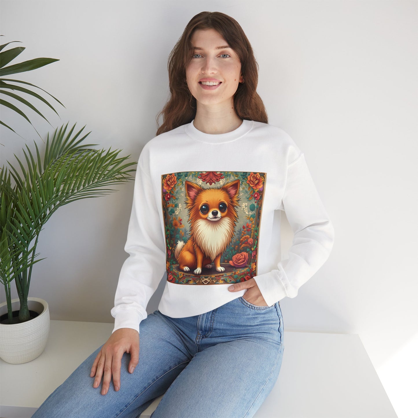 Victorian Chihuahua Garden Sweatshirt | Ornate Floral Dog Portrait | Botanical Pet Art Design