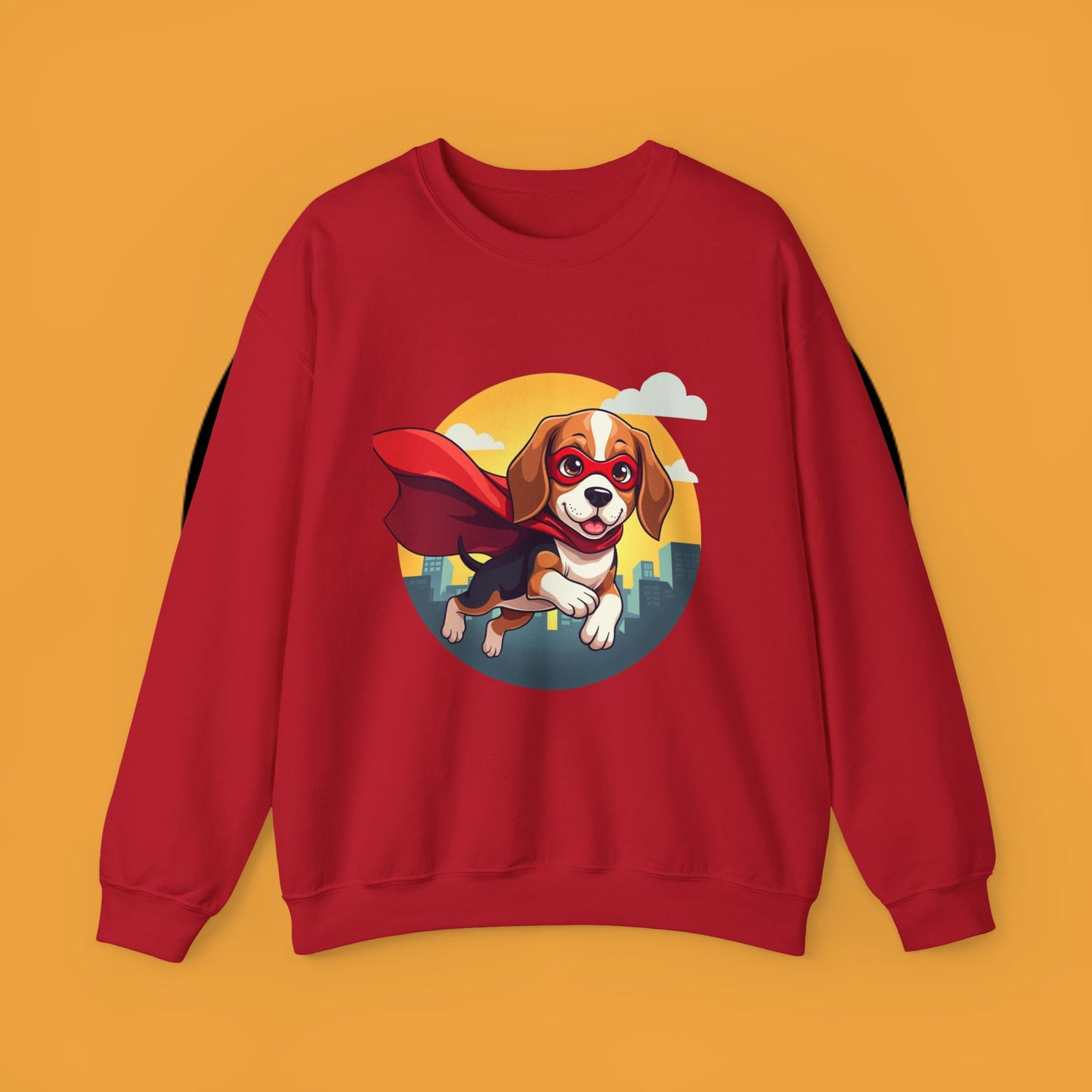 Superhero Dog Crewneck Sweatshirt - Flying Beagle Design with Red Cape and Mask