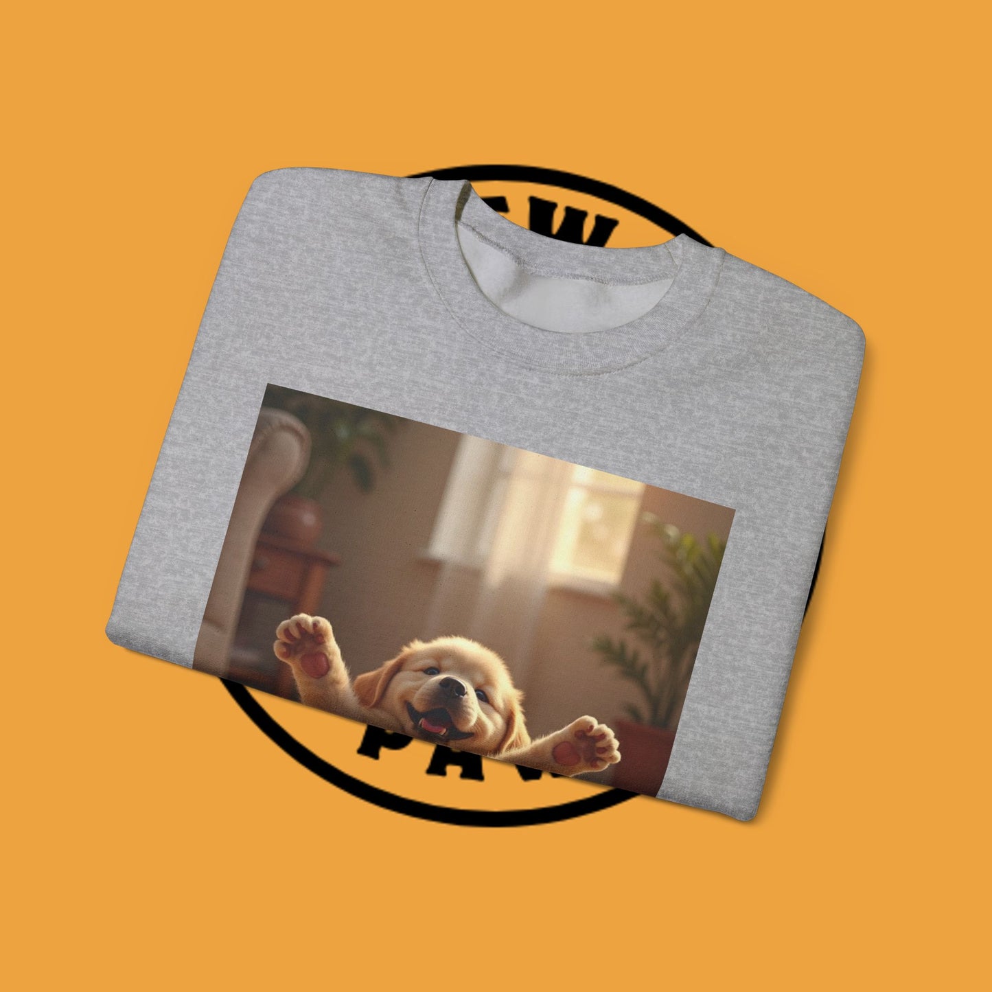 Unisex Dog Lover Crewneck Sweatshirt - Joyful Paws: Yellow Lab Puppy Stretching on Plush Carpet