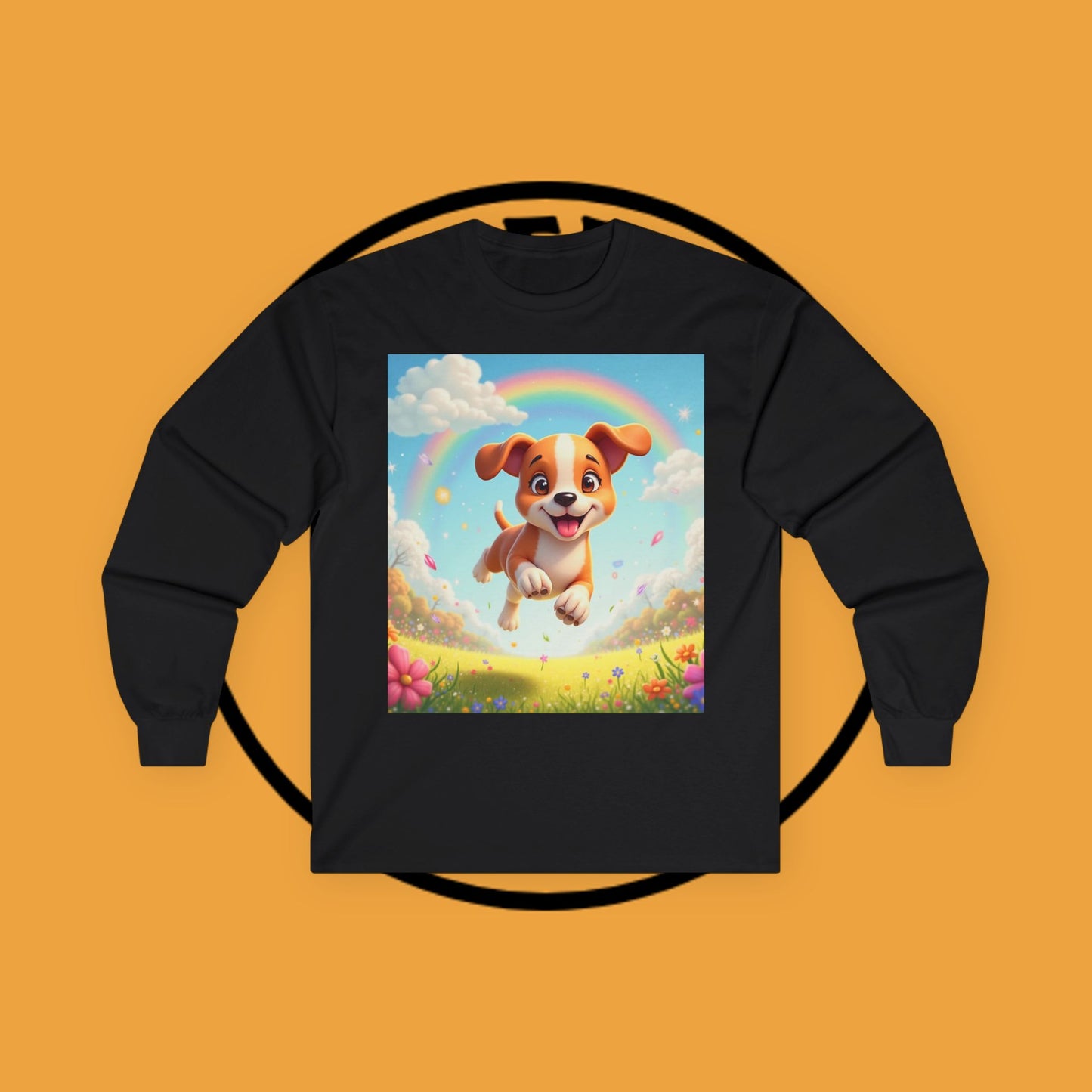 Happy Puppy Rainbow Jumping Spring Flowers Long Sleeve Shirt
