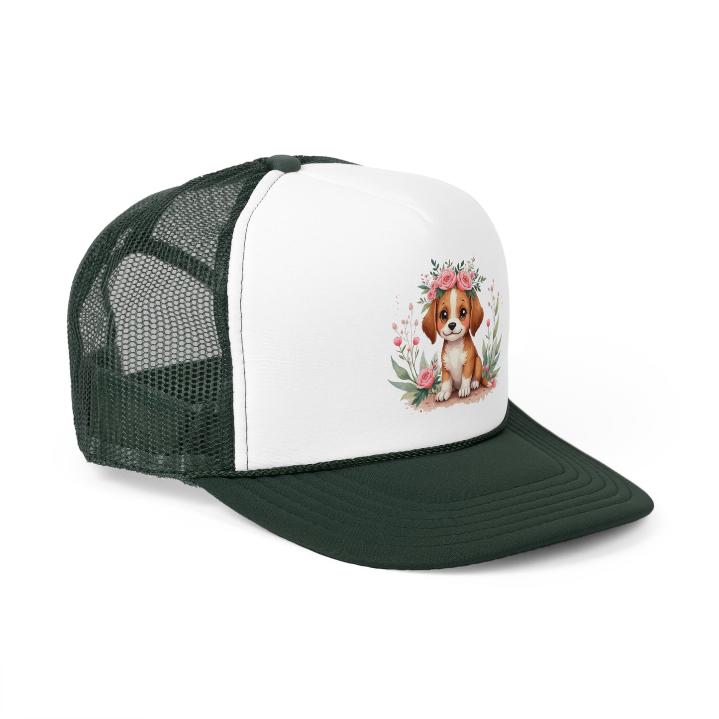 Cute Beagle Puppy with Pink Roses Floral Crown Trucker Hat - Adorable Dog Flower Crown Cap | Sweet Pet Lover Gift | Feminine Snapback