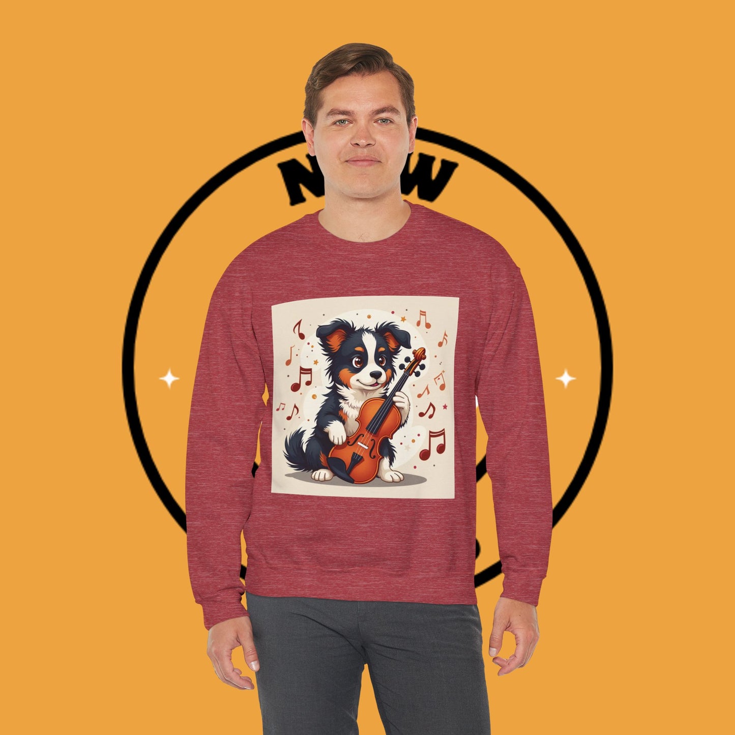 Music Dog Crewneck Sweatshirt - Cute Puppy Violinist with Musical Notes Design | Musician Gift