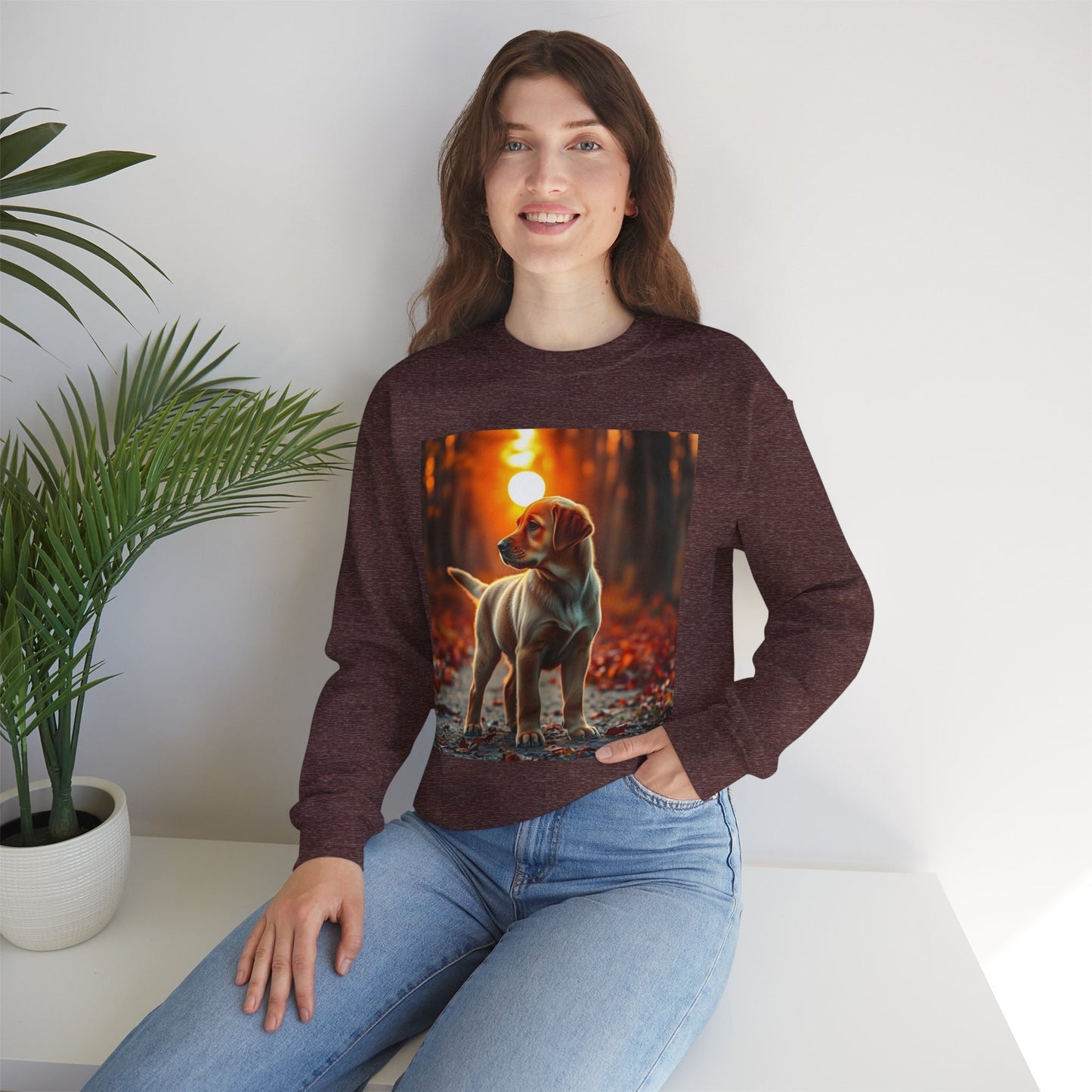 Crewneck Sweatshirt - Labrador Puppy in Autumn Forest with Golden Sunset Light Design