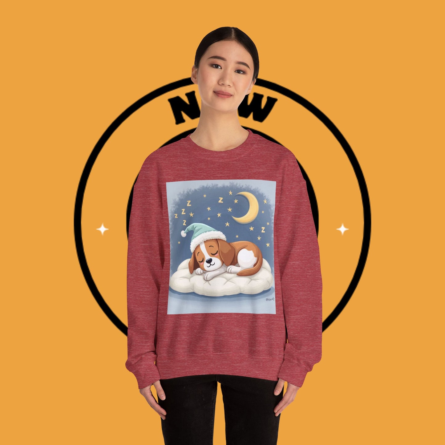 Sleeping Dog Crewneck Sweatshirt - Cute Beagle Design with Moon and Stars