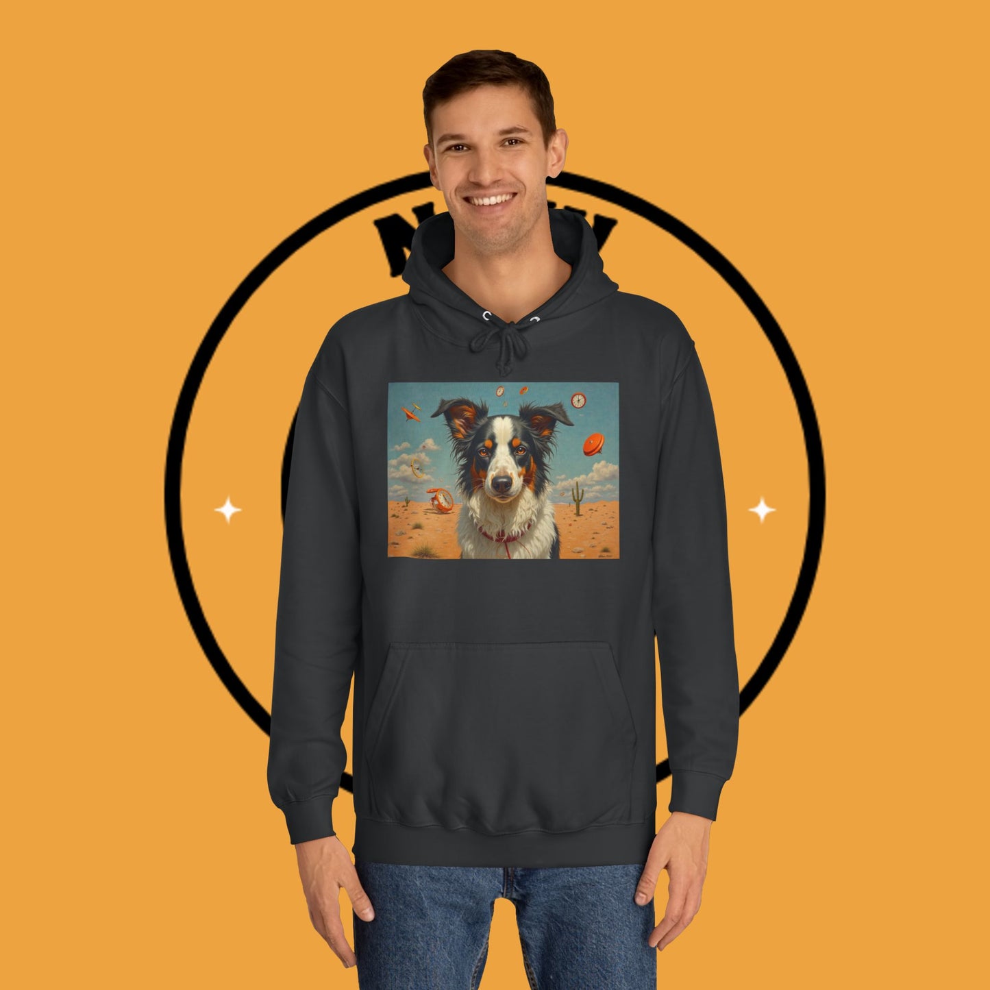 "Surreal Border Collie Time Desert Hoodie - Flying Clocks Artistic Dog Sweatshirt | Dreamlike Fantasy Design"